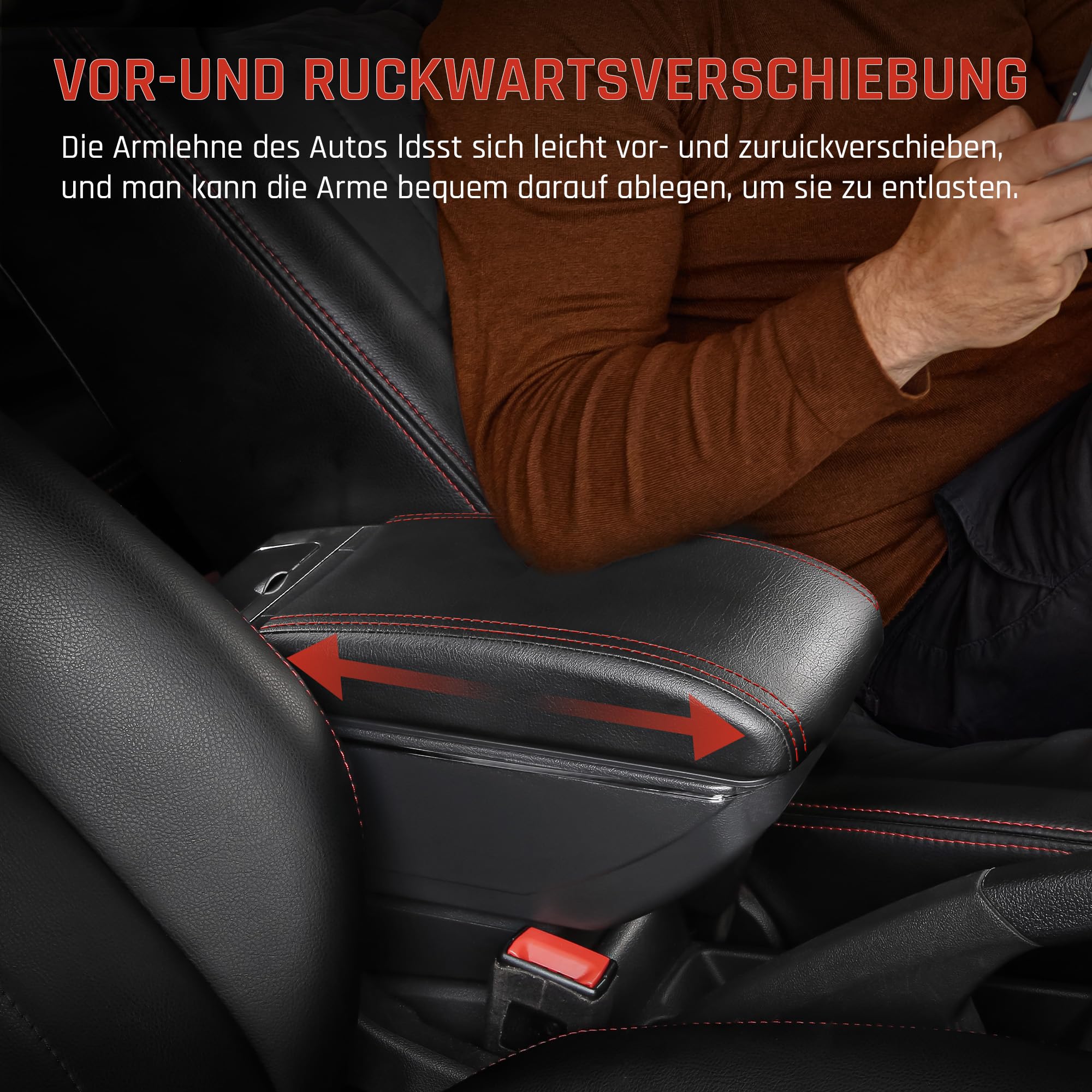 Auto Armlehnen für Ford Focus 3 mk3 2011-2019 Mittelarmlehne | Zweistufiger Stauraum, Armlehne zum Entspannen, Einfache Montage, PU-Leder, Rote Nähte,Gilt nur für Bestimmte Modelljahre