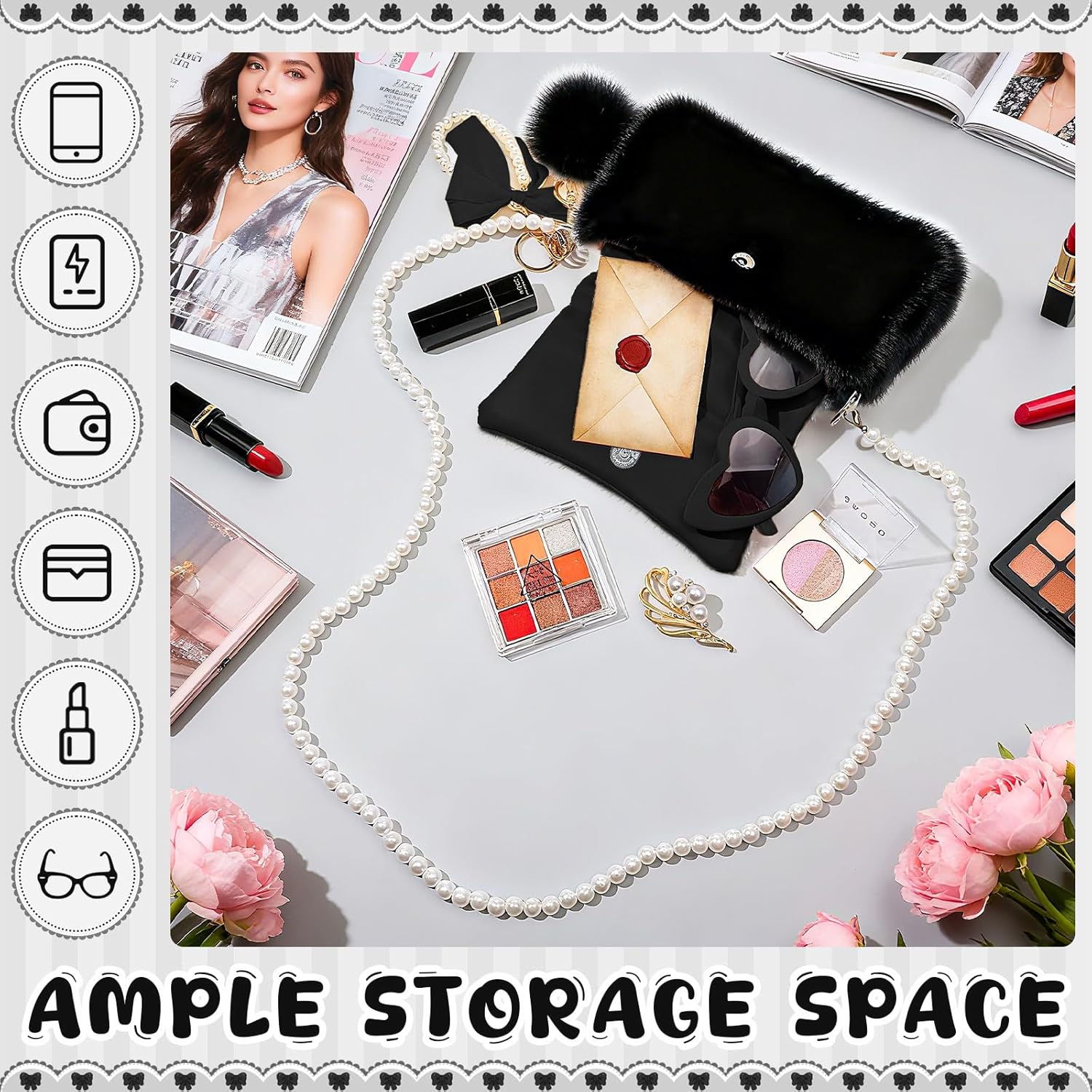 Abbylike 3 Pcs Bow Knot Furry Crossbody Purses with Fluffy Pom Pom Keychain and Pearl Bow Charm Cute Women Handbags - Image 5