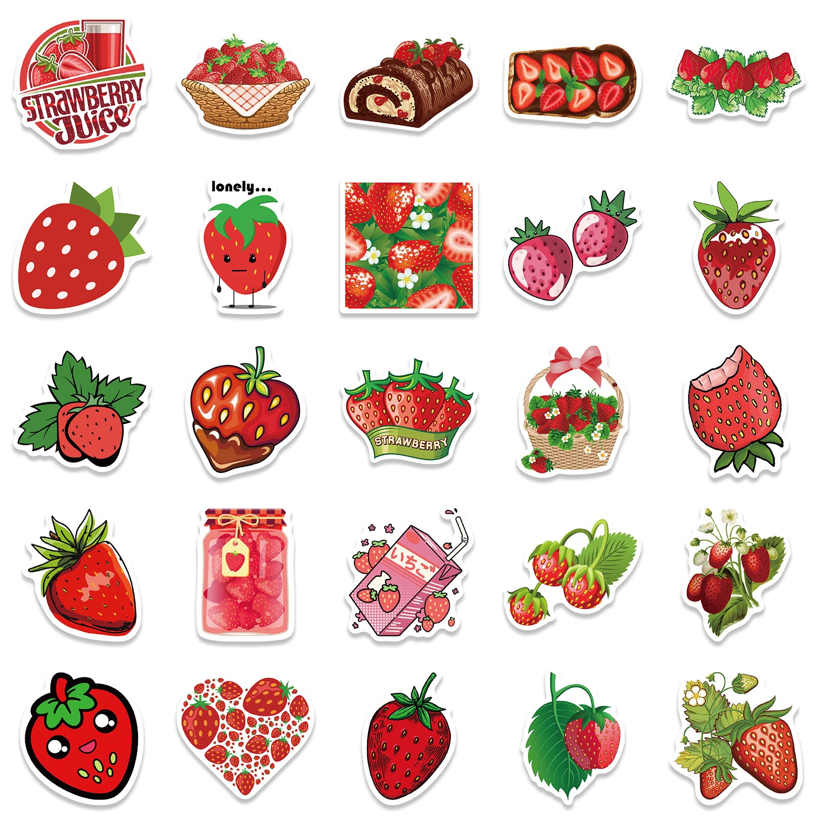 50 calcomanías de fresa, calcomanías decorativas de vinilo de fresa para portátiles, divertidas calcomanías de fresa para bricolaje, botella de agua, diario, álbumes de recortes, guitarra