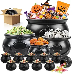 Halloween Large Black Plastic Witches Cauldron Candy Bowl Bucket 14 in 1（12.8”, 9.8”, 7.6”, 5.7”, 2.7”）halloween Large Mini Candy Cauldron Trick or Treat Bucket for Indoor Outdoor Party Decoration