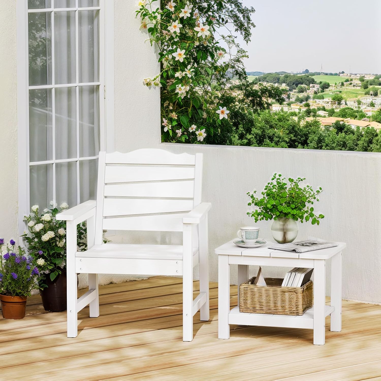 Patio Chairs Set, 3 Pieces Weatherproof HIPS Outdoor Furniture, Patio Chairs Conversation Sets with Side Table for Garden Porch Lawn & Backyard(White)