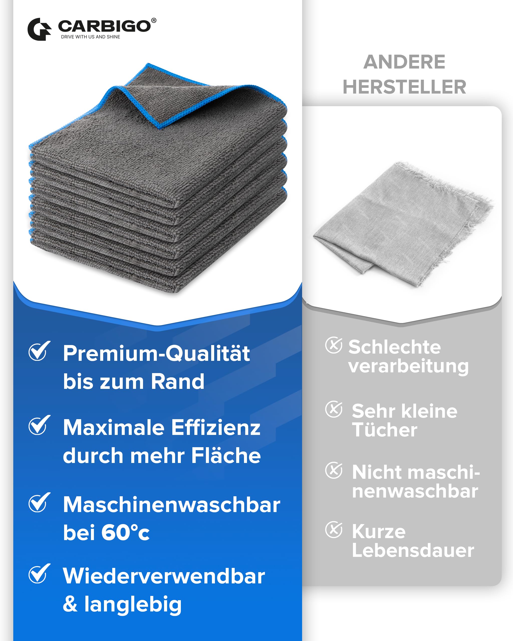 Chiffons Microfibre Carbigo Pour Vitres - Lot De 10 - 25x25cm 400 GSM - Nettoyage Sans Traces