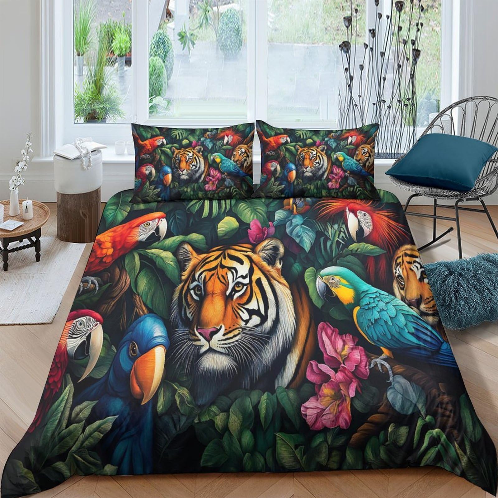 Ctjqhvkz Style-4 3D Printed Jungle Tiger Fitted Sheet Microfiber Soft Parrot Mattress Cover For Bedroom Guest Room Decor Protection Single（135X200cm）
