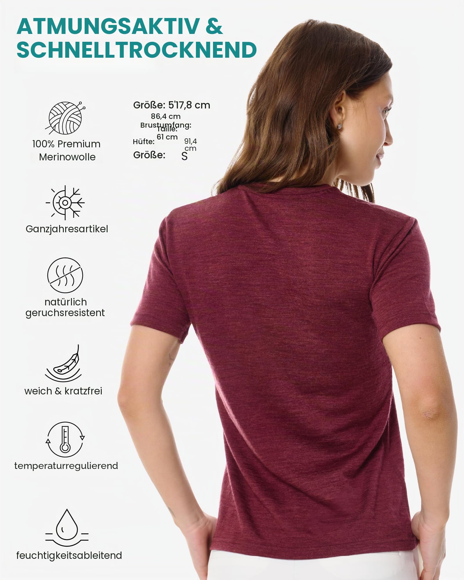 Merino Sport Shirt Damen (L, Burgundy)