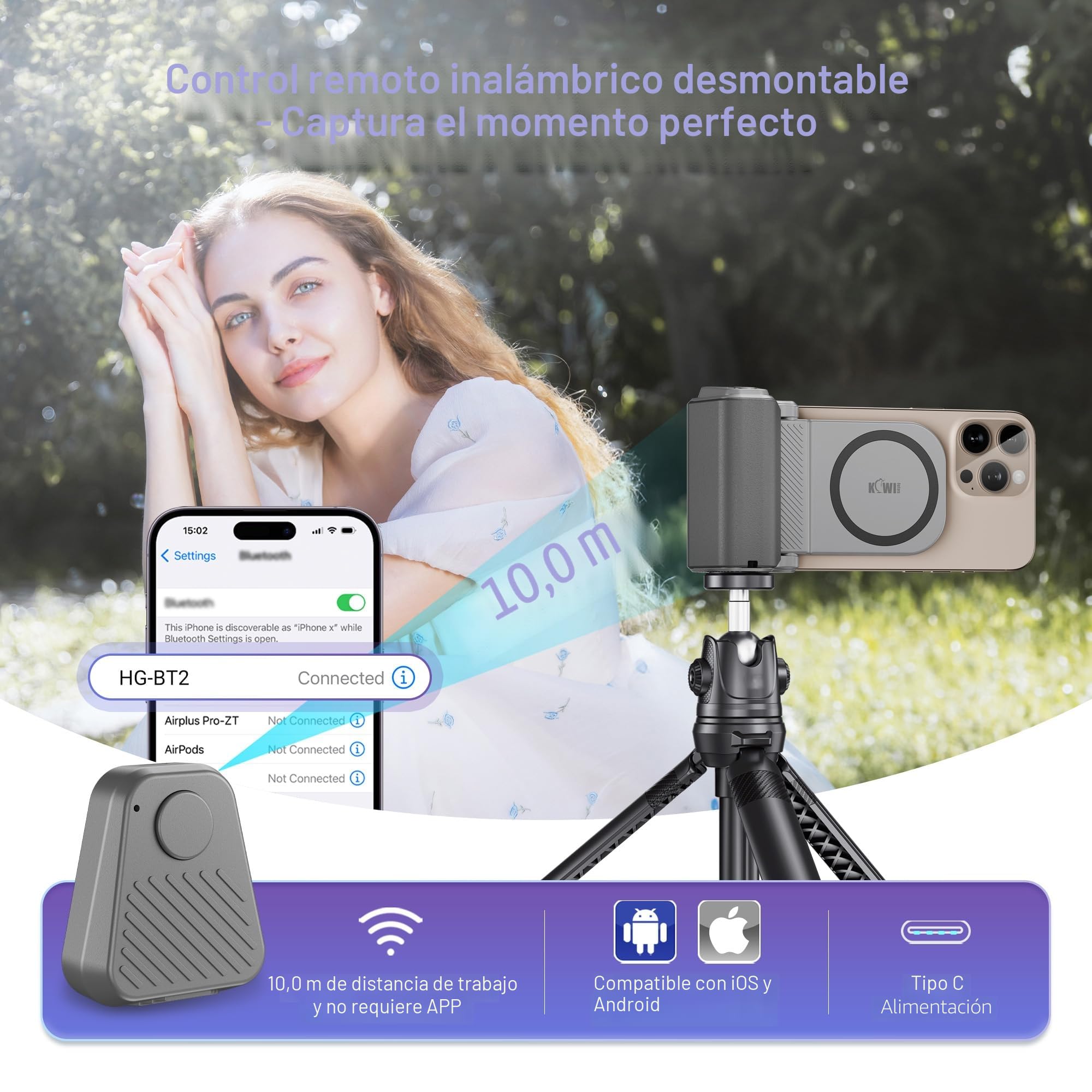 KIWIFOTOS Smartphone Handle Grip, Empuñadura Magnética para Smartphone, con Mando a Distancia Inalámbrico Bluetooth Desmontable y Rosca de 1/4", para iPhone y Android (Gris)