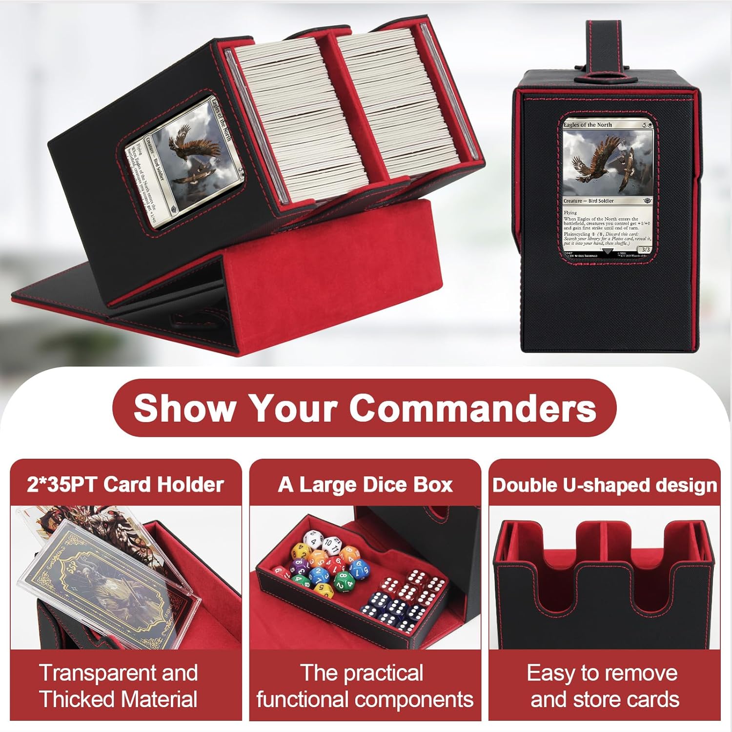 WERTIOO MTG Commander Deck Box with Handle – Double Storage Box for 230+ Double Sleeved Cards, 2 Commander Displays, 1 Dice Tray – Card Organizer for EDH, CCG, TCG (Black Red)