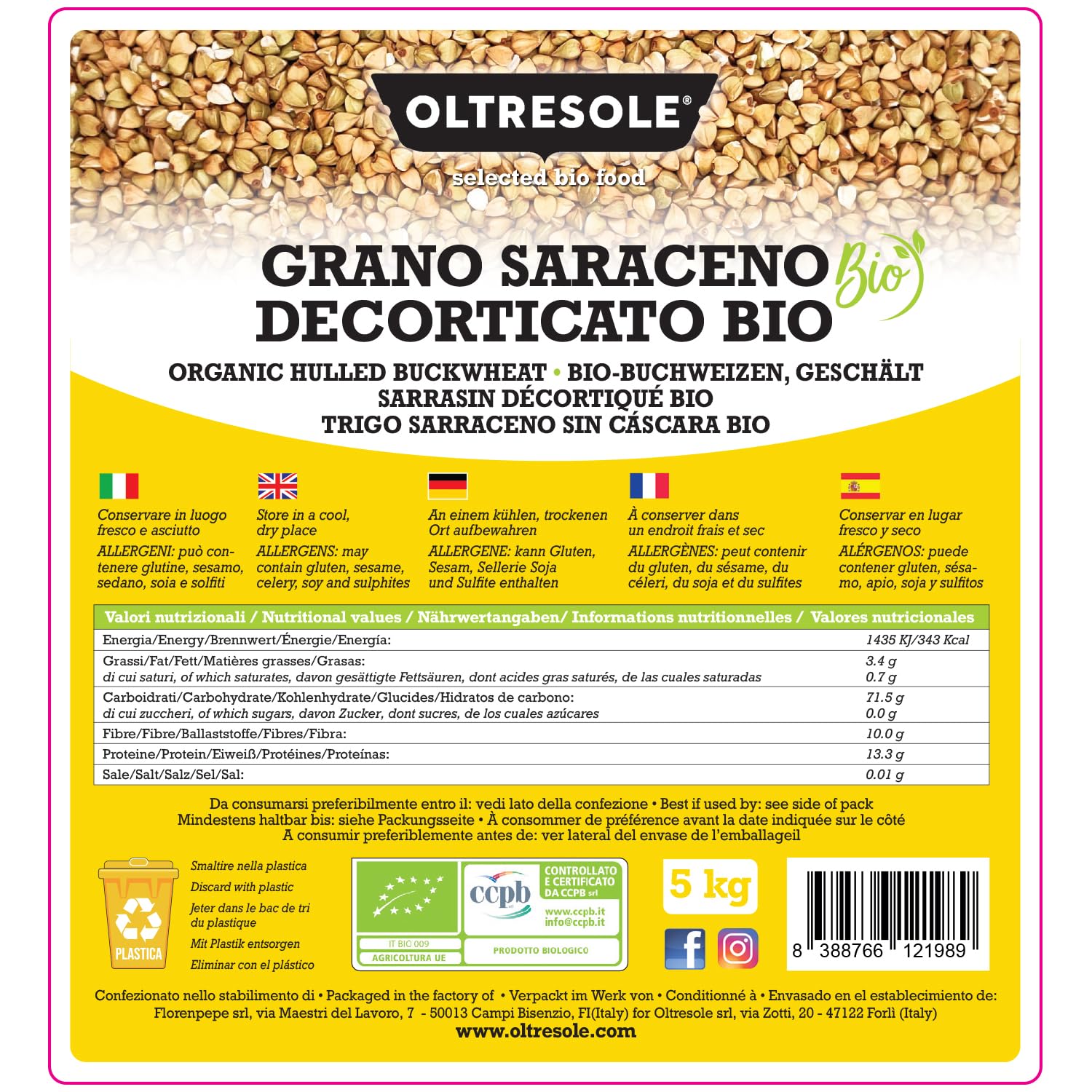 Oltresole, Sarrasin Décortique Biologique 5 Kg, Grain Brut Non Traité Thermiquement, provenant de l'Agriculture Biologique, Convenience Size