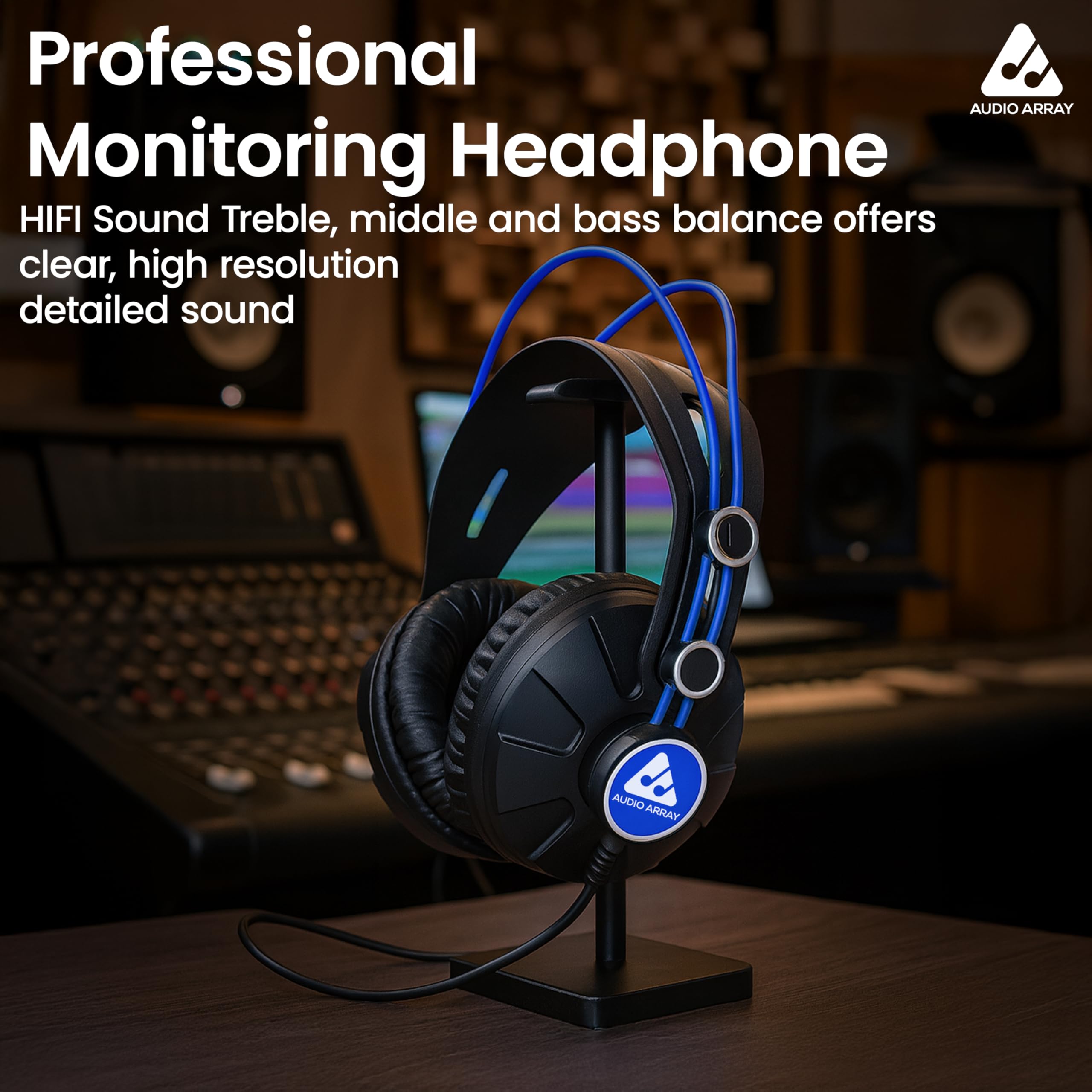 Audio Array AH-60-BL 60 omów Impedancja profesjonalne słuchawki monitorujące | sterowniki 53 mm | pasmo przenoszenia 10 Hz–30 kHz | zamknięte, dla DJ-ów i studia, kabel 3 m z wtyczkami 3,5 mm i 6,3 mm