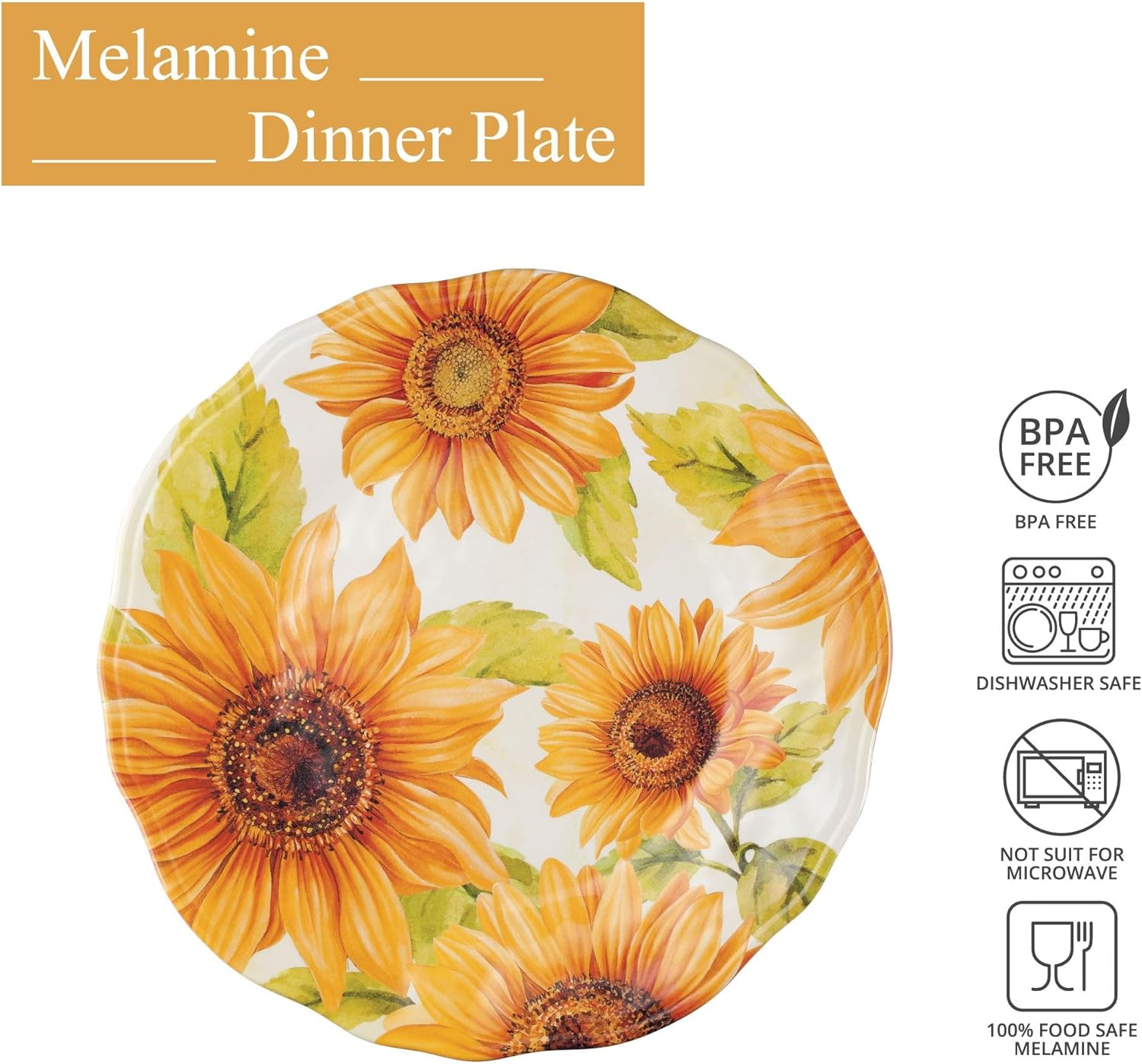 UP UPware Sunflower Melamine Dinner Plate Set, Flower Shaped Plates for Main course, Pasta, and Salad, BPA-Free, Dishwasher Safe, Yellow, 11 Inch, Set of 6