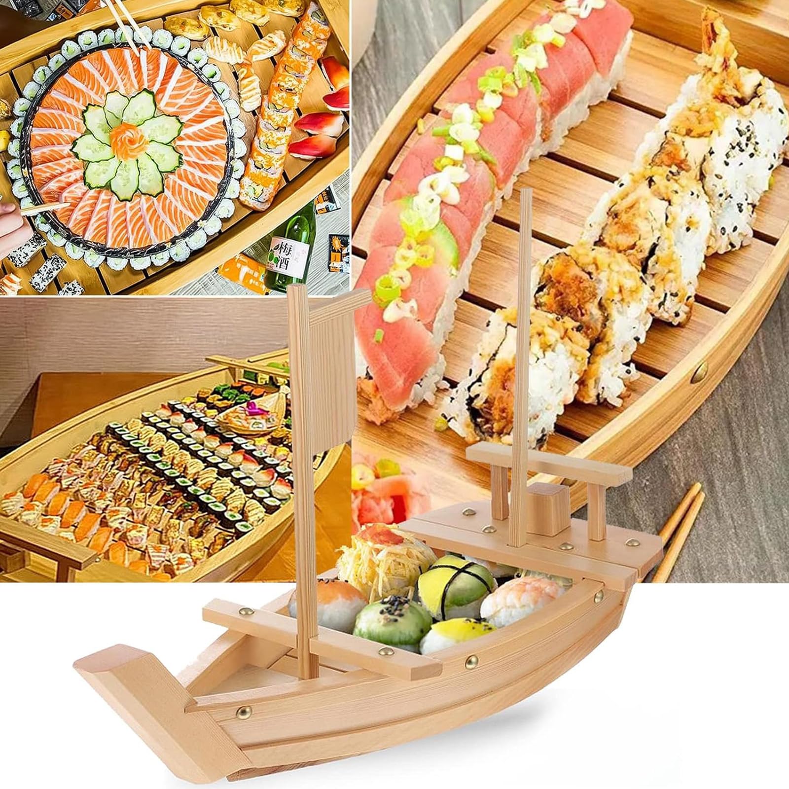 Générique Plateau de Service en Bois pour sushis et sashimis, Grande Assiette de 80 cm pour la présentation de la Cuisine Japonaise (Bois 80 cm)