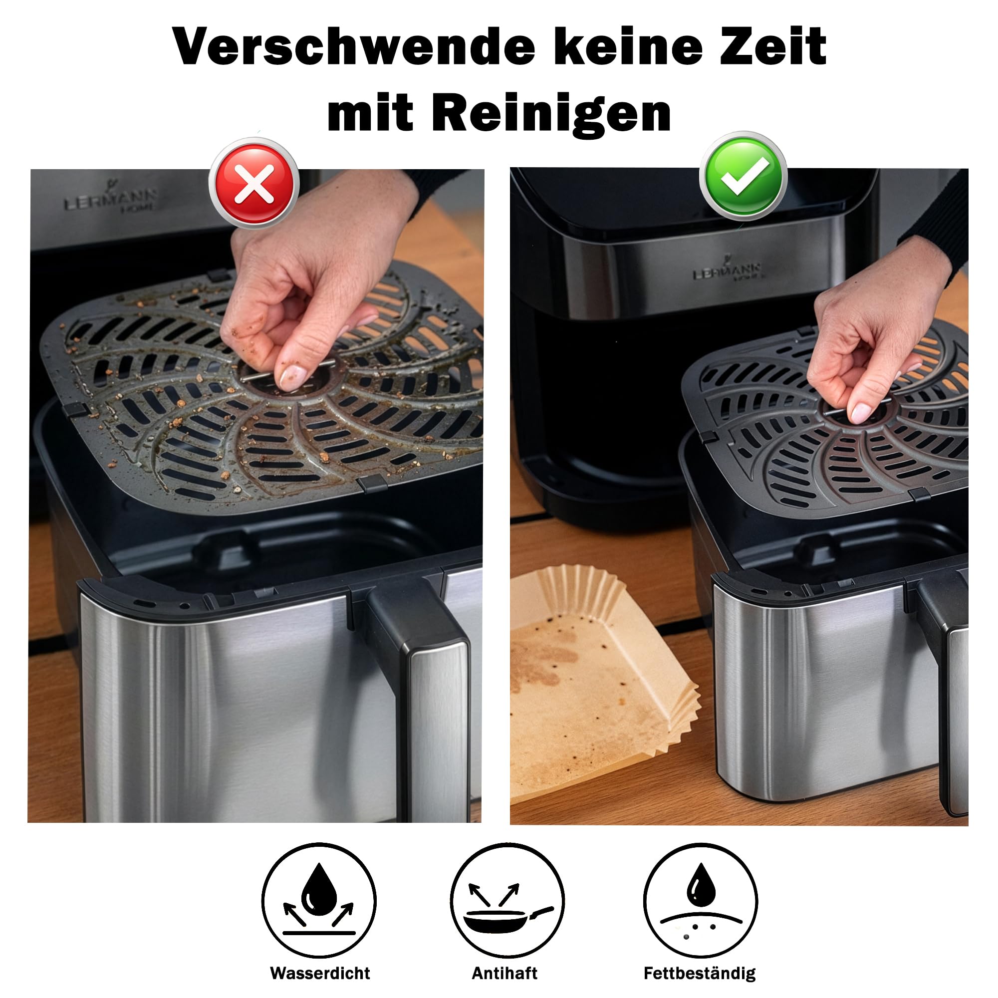LEHMANN 100 sztuk papieru do pieczenia do frytkownicy na gorące powietrze z koszem o pojemności 4,5–8 l, kwadratowy 23–27,4 cm, nieprzywierający i odporny na olej, papier do pieczenia do frytkownicy