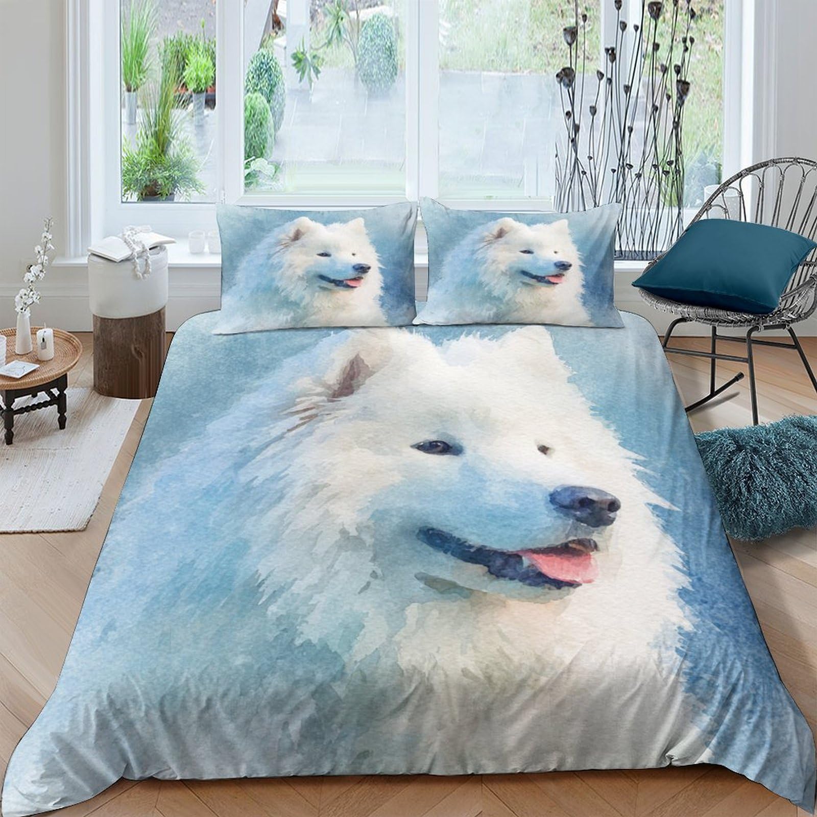 Ctjqhvkz Style-6 3D Printed White Samoyed Dog Fitted Sheet Microfiber Soft Breathable Blue Sky Bed Cover For Bedroom Dorm Mattress Decor Single（135X200cm）