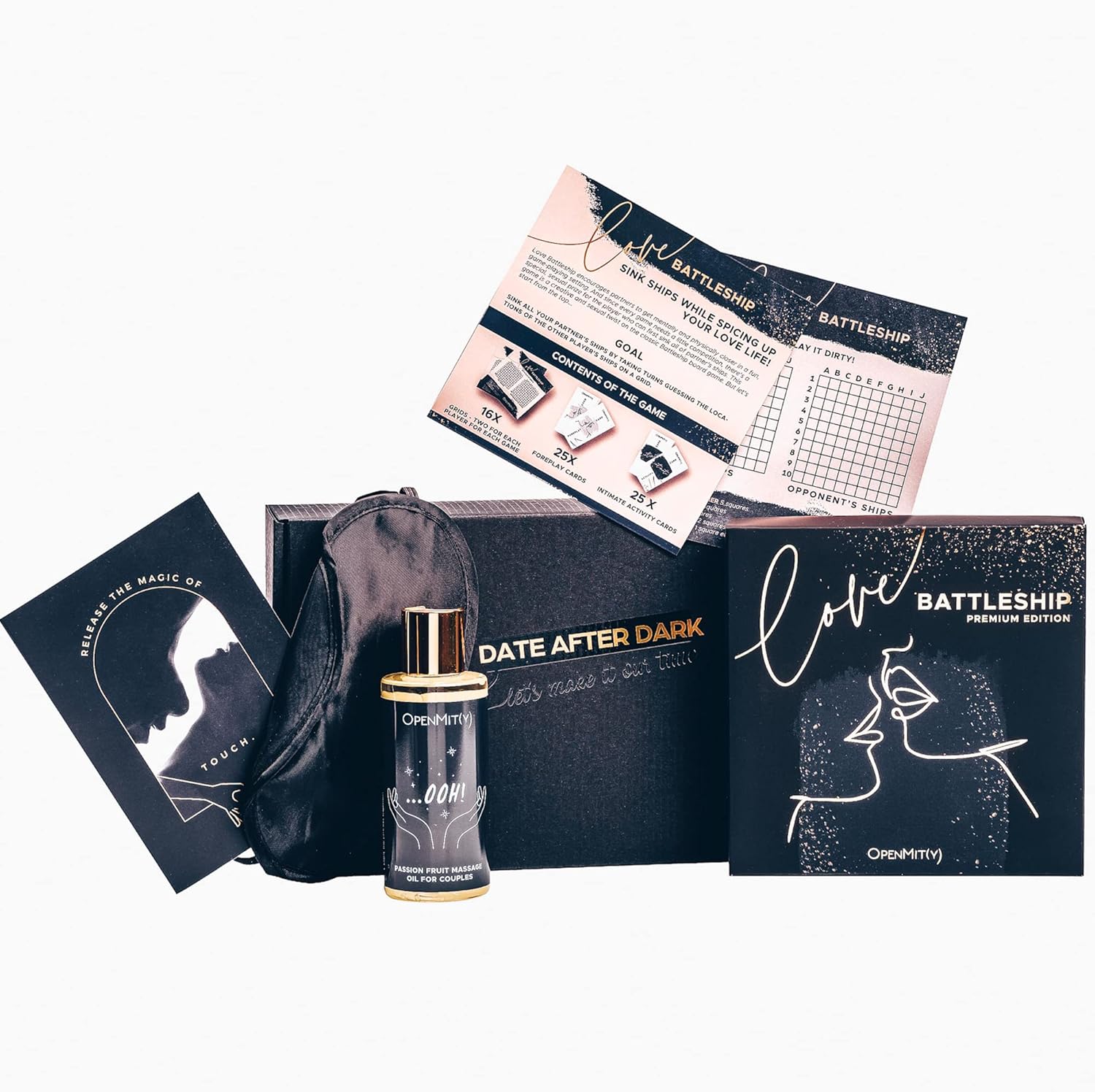 OpenMity Date Night Box - Premium Love Battleship Card Game for Couples & Massage Set with Scratch Off Card- Couples Games Date Night - Avocado Massage Oil, Passionfruit Aroma
