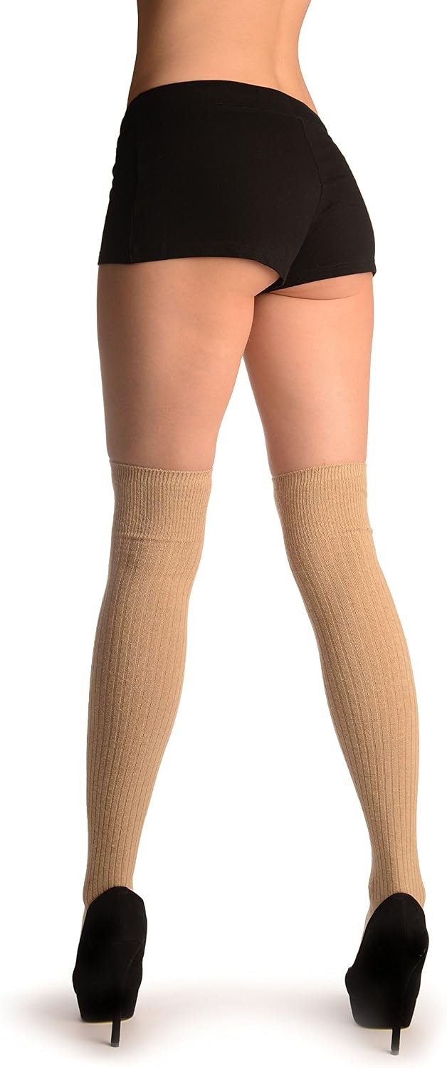 LissKiss Beige Pinstripes Merino Wool Blend - Over The Knee Socks