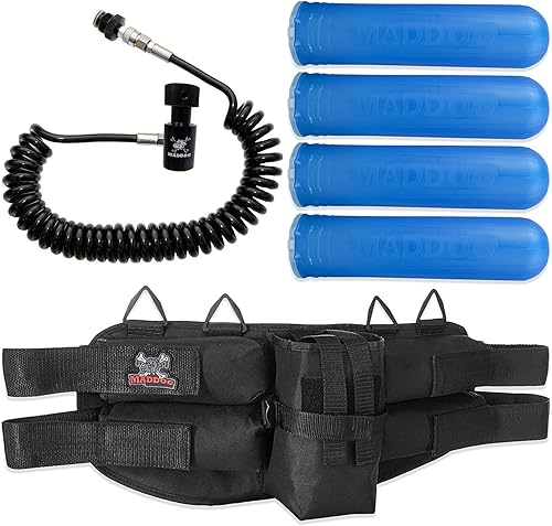 Maddog Paquete de 4+1 arnés de paintball con (4) cápsulas de paintball y combo de bobina remota de tanque de paintball de desconexión rápida