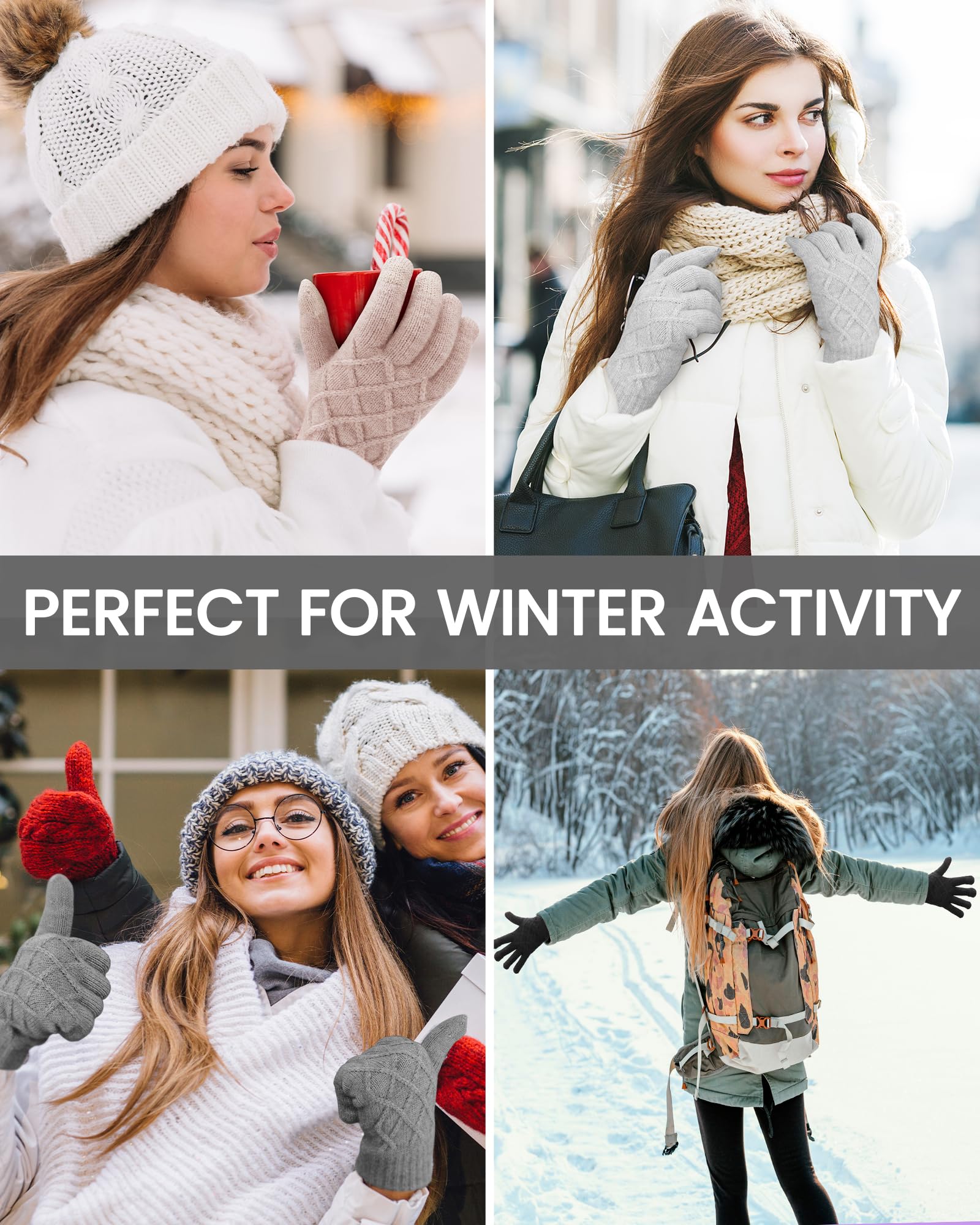 REACH STAR 2 Pairs Winter gloves for women Touch screen Elastic Thermal knit Lining Warm Gloves for Cold weather: Khaki+dark Gray