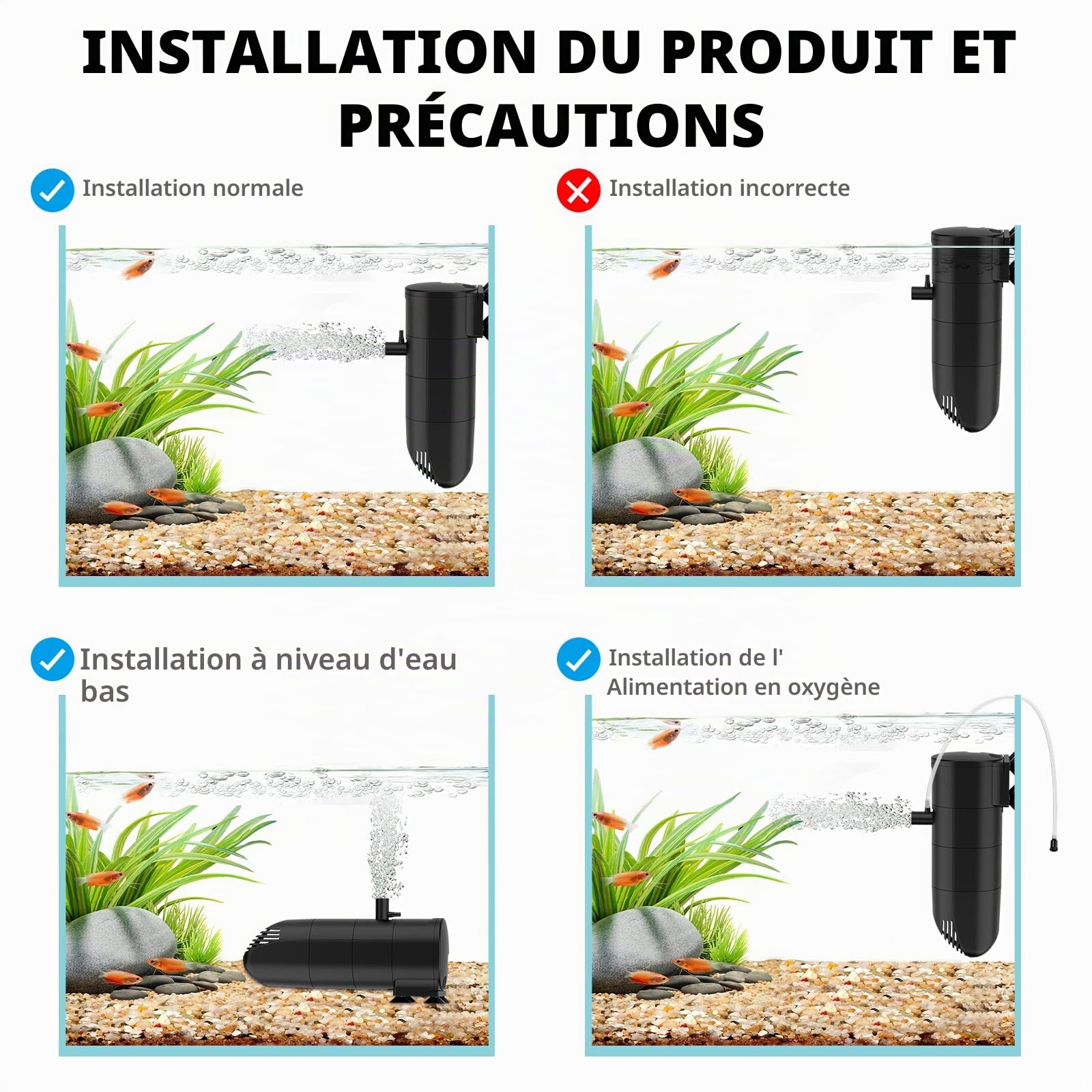 fishkeeper Aquarium Filtre intérieur d'aquarium, 13w débit 700LPH Pompe d'aquarium avec Filtre, Triple Filtration Propre pour Aquarium 250L