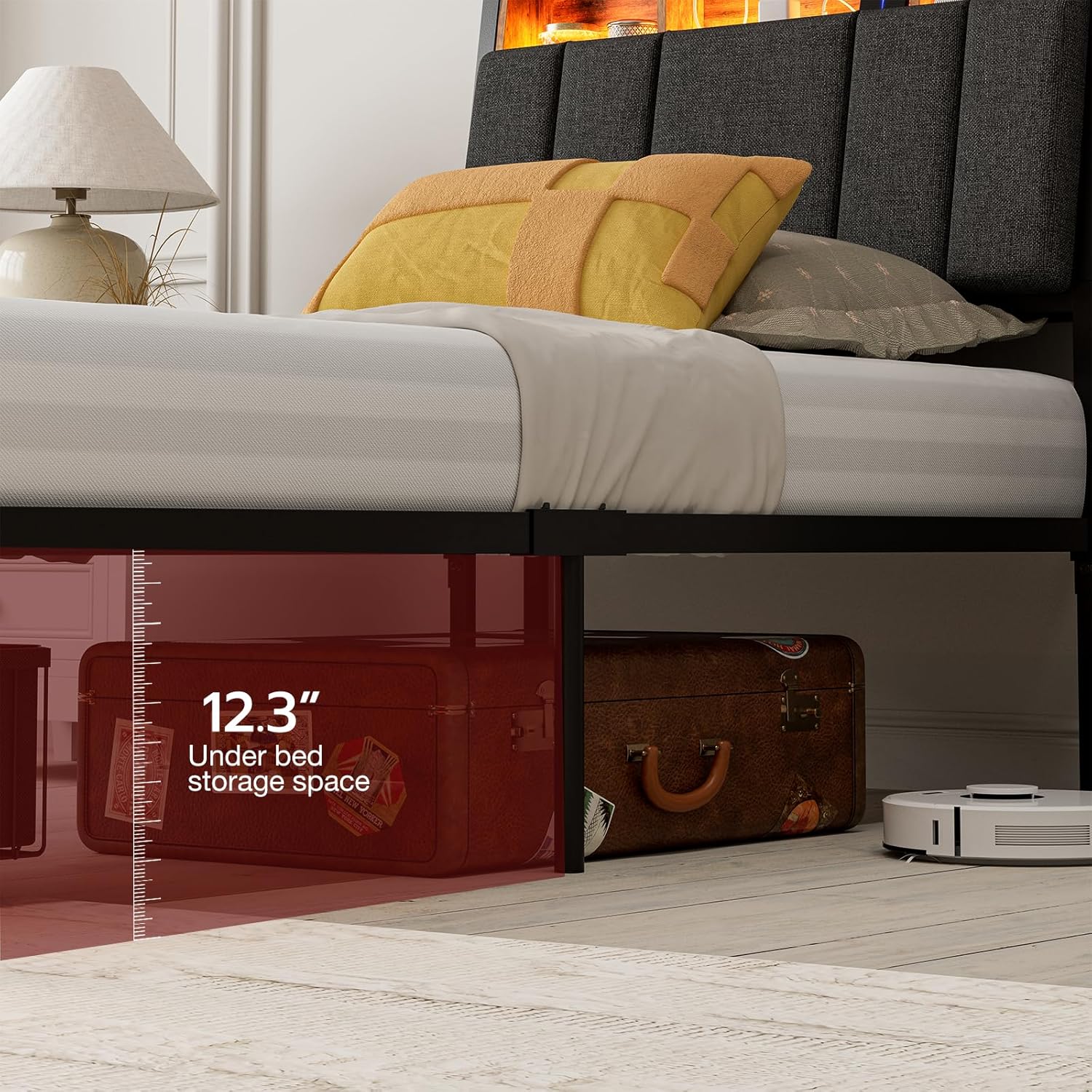 IKIFLY Twin XL Bed Frames with Ergonomic Hidden Storage Headboard & Dustproof Storage Drawer, Upholstered Twin XL Platform Bed with Charging Station and LED Lights, No Box Spring Needed, Dark Grey