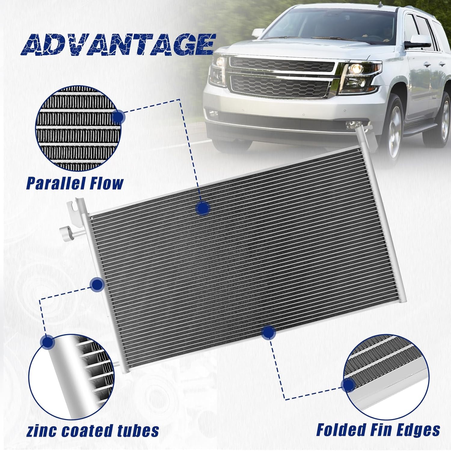 Air Conditioning A/C Condenser Compatible with Cadillac Escalade ESV; Chevrolet Silverado 1500/2500/3500, Suburban 1500/2500/3500, Tahoe; Hummer H1, H2