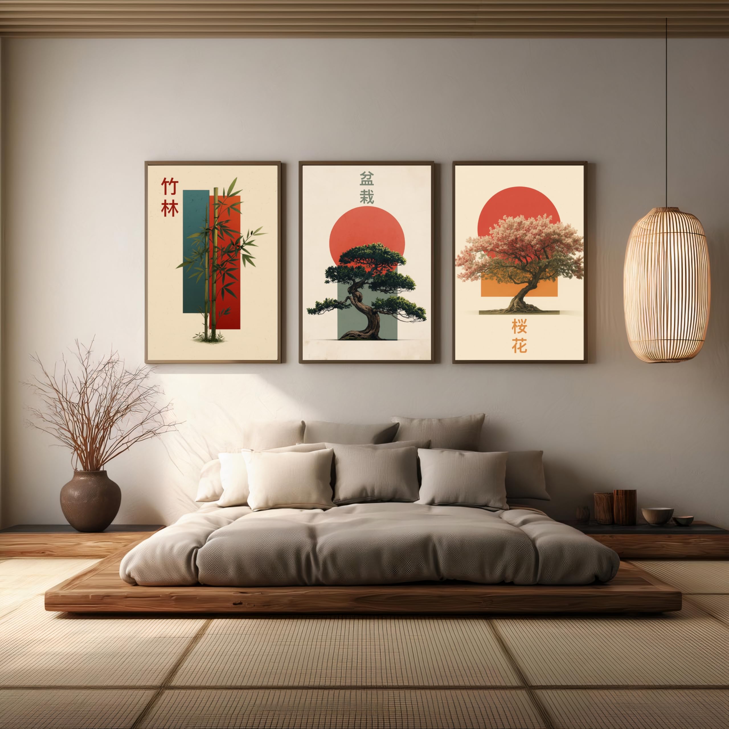 Donari Lot de posters japonais – Tableaux muraux avec motifs asiatiques | Kyoto, Tokyo & culture traditionnelle | Idée cadeau pour les fans du Japon (lot de 6 - Bonsaï x Bambou, 30x40 cm, Cadre noir)