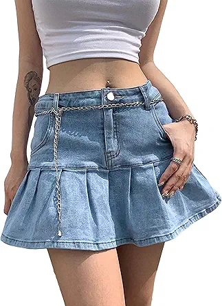 Tanming Women's Pleated Jean Skirt Casual A-Line Ruffle Y2K Mini Denim Skirt