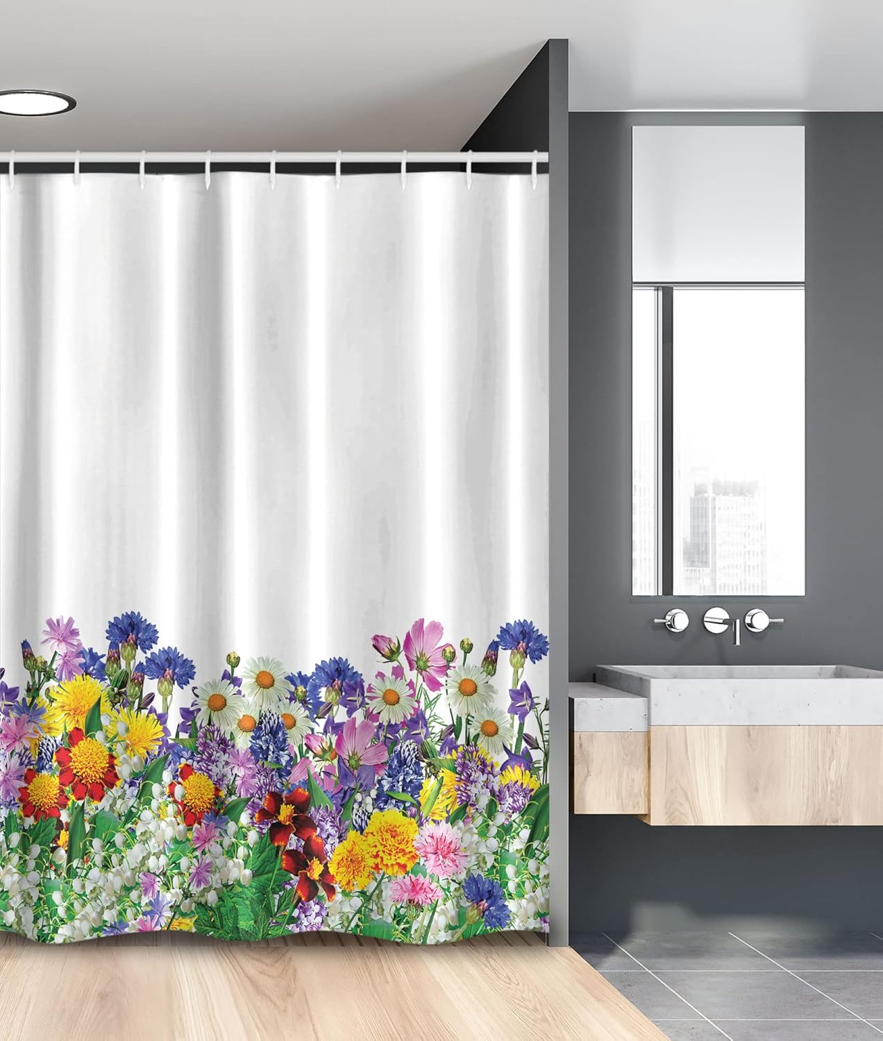 Ambesonne Flower Stall Shower Curtain, Floral Garden Daisies Violets and Tulips Nature Colored Theme Print, Fabric Bathroom Decor Set with Hooks, 54" W x 78" L, Multicolor