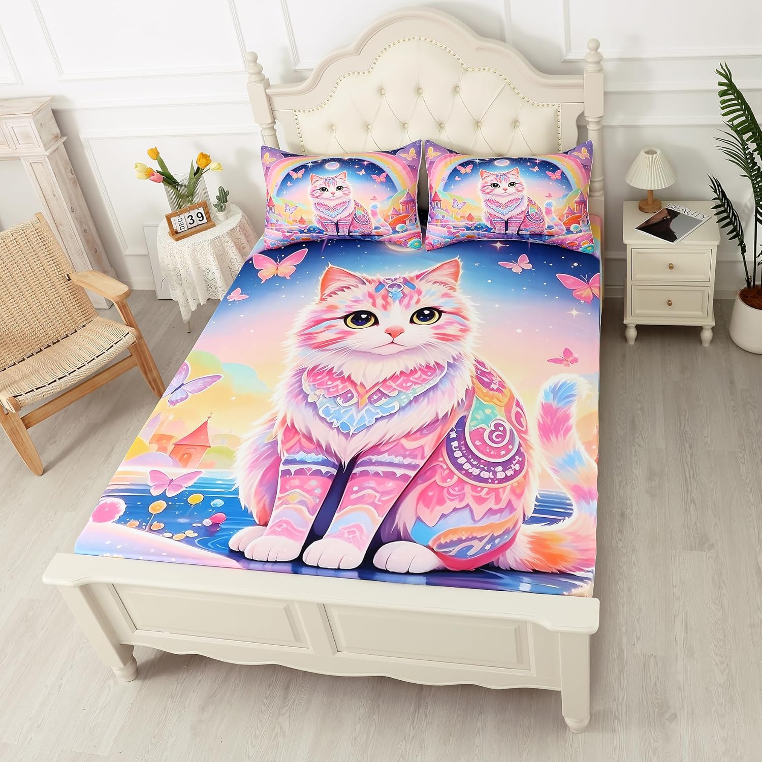 Rainbow Cat Sheets Twin: Cute Cat Print Bed Sheets for Kids Teen Girls Pink Kawaii Ethnic Kitten 3 Piece Bedding Sets 1 Fitted Sheet & 1 Flat Sheet & 1 Pillowcase