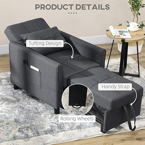 Miniatura 7 de HOMCOM Silla convertible 3 en 1, sofá cama individual multifuncional, silla extraíble con respaldo ajustable, almohada y bolsillos, color gris