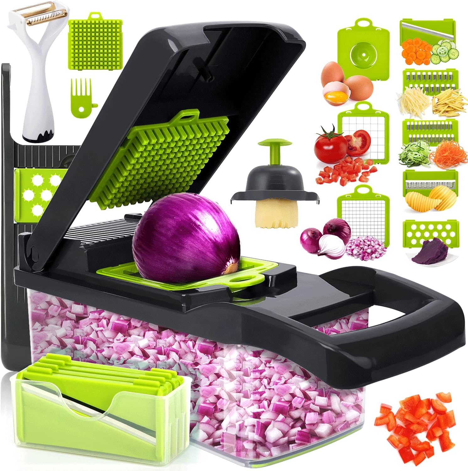 15 in 1 Multifunctional Vegetable Chopper and Slicer With Container - 8 Blades for Fruit, Onion, Carrot, and Garlic