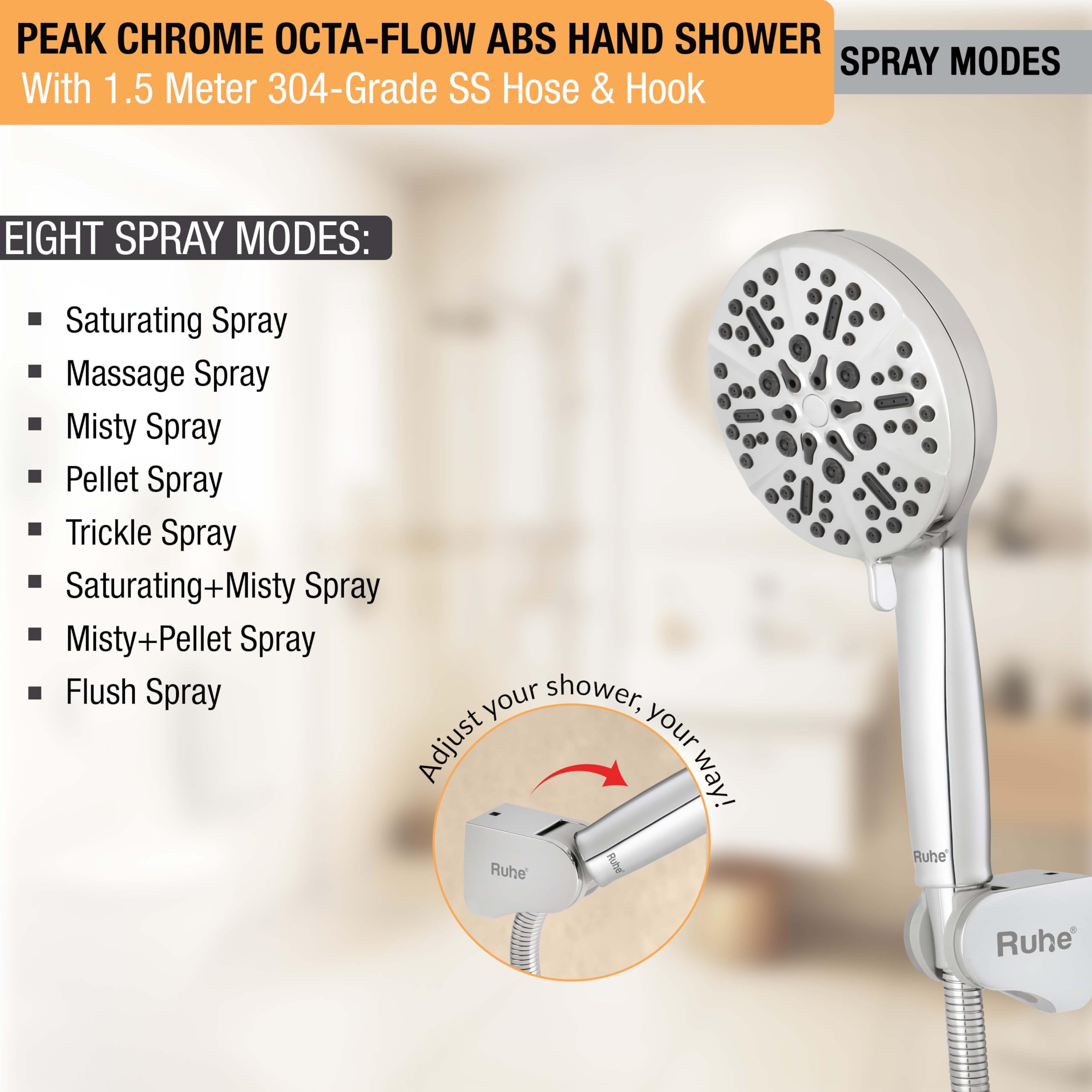 Ruhe Handheld Shower - 8 Spray Modes, Chrome Finish -5 Ruhe Handheld Shower - 8 Spray Modes, Chrome Finish -5