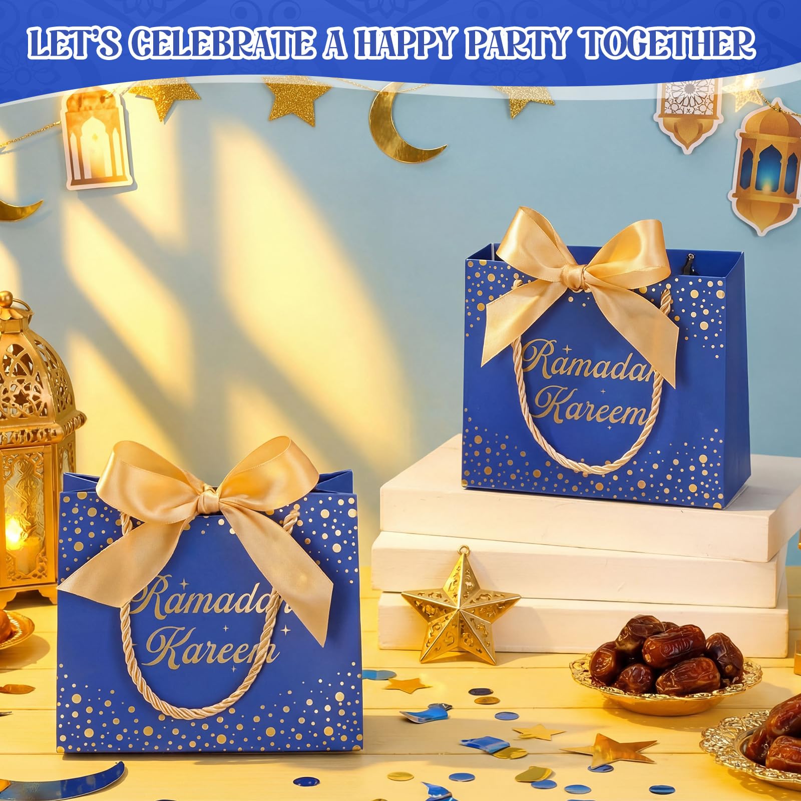 Glenmal 30 Pcs 5.51x2.36x4.72'' Ramadan Gift Bags Ramadan Mubarak Blue Paper Party Bags Eid Mubarak Treat Goodie Bag with Handle and Ribbon for Ramadans Kareem Eid Mubarak's Party Supplies