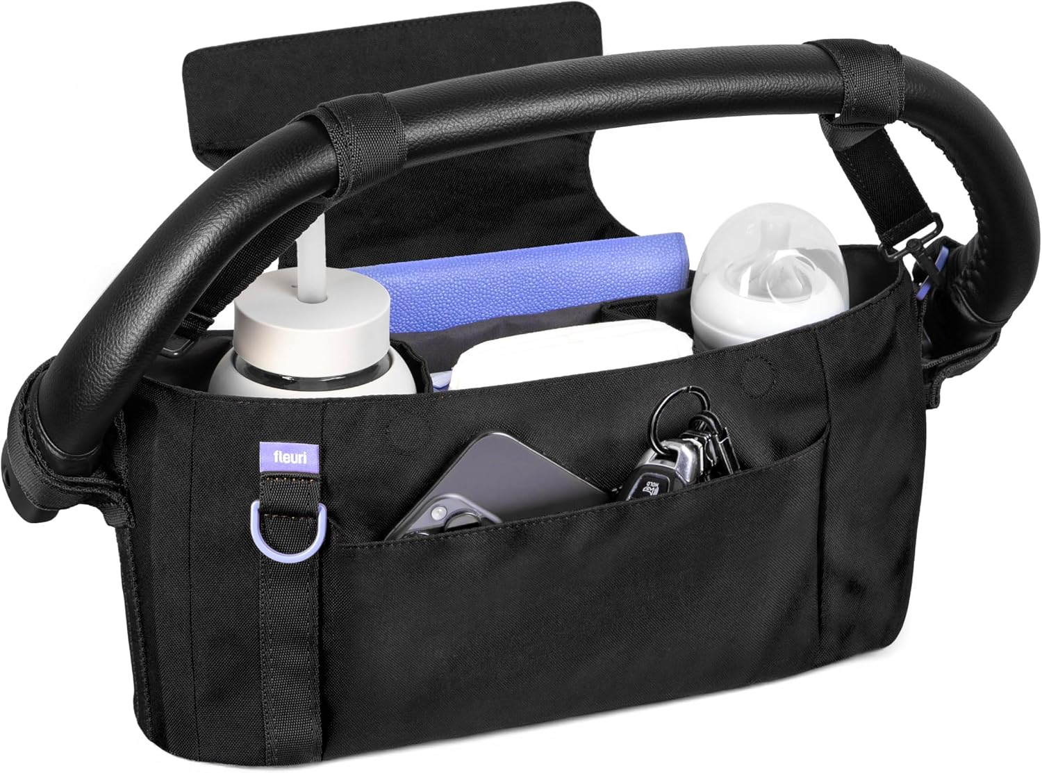 Ubbi Fleuri Anywhere Stroller Organizer, Features Front Zippered Pocket, 2 Cup Holders, Mesh Bag, Fits Most Strollers, Licorice