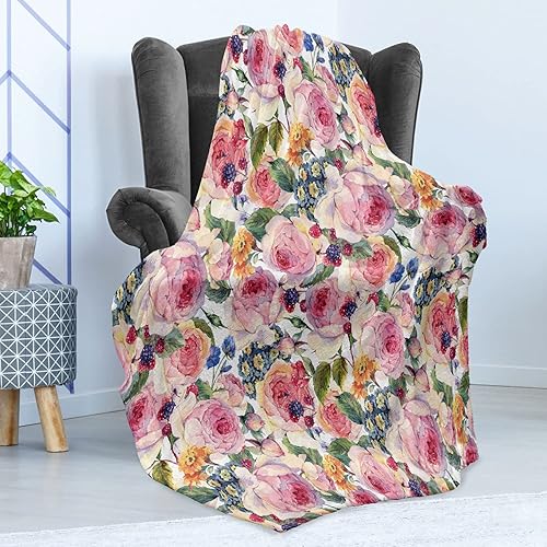 Miniatura 3 de Ambesonne Shabby Flora Throw Blanket, Country Life Design with Flowers Florals Roses Orchids Buds Romantic Print, Flannel Fleece Accent Piece Soft
