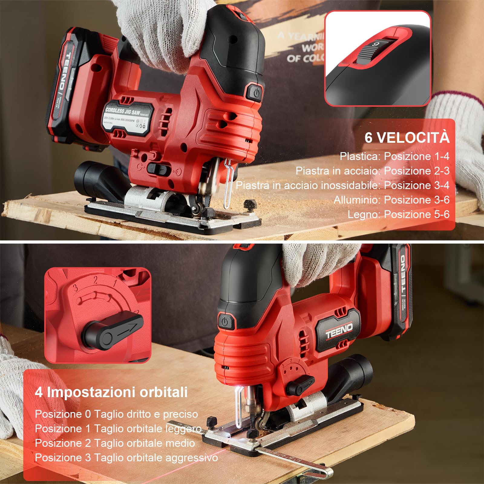 TEENO Seghetto Alternativo Senza Fili Per Batteria Makita 20V, Seghetto Alternativo laser 800-3000 SPM, 6 VELOCITÀ, LED, Angolo ±45°, 5 lame per Legno, Plastica, Metallo (Due Batterie, 2.0 AH)