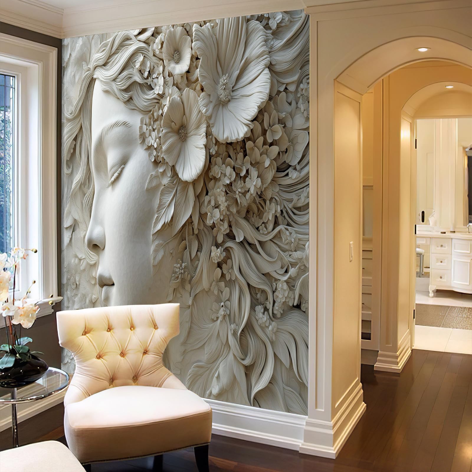 Carta Da Parati Delicato Donna Viso 250×170cm Wallpaper Carta Da Parati Murale 3D, Fiori Foresta Fotomurali Moderni Per Soggiorno E Camera Da Letto, XL Decorazione Murale 3D, Grigio