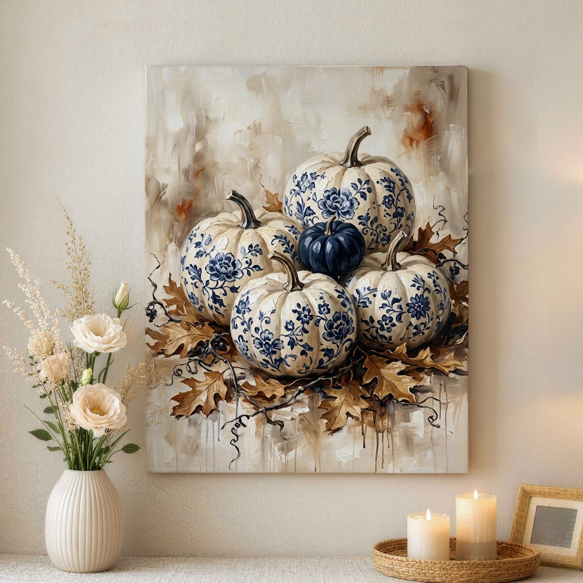 Lienzo de calabazas rústico para salón: arte otoñal azul de 16x20 pulgadas. 8