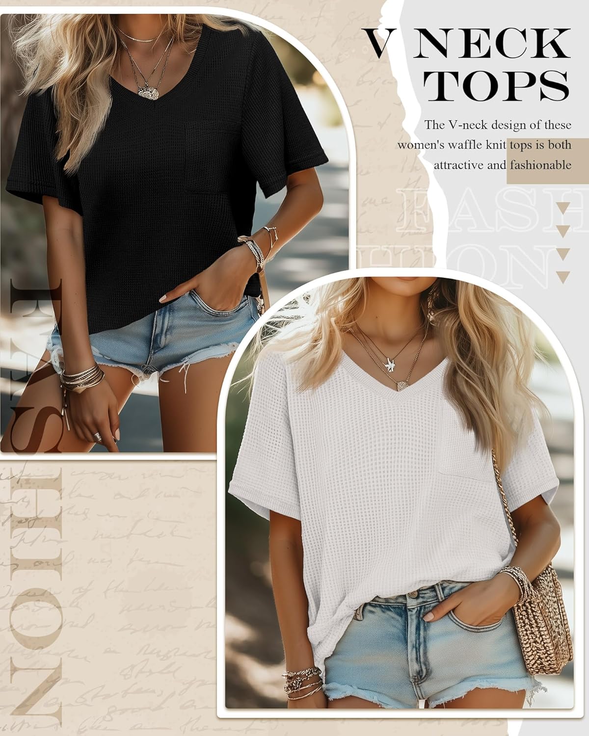 Riyiper 3 Pack Womens Waffle Knit T-Shirts V Neck Loose Fit Casual Short Sleeve Basic Tops Oversized Summer Tees(Khaki, White, Black,Large) - Image 4