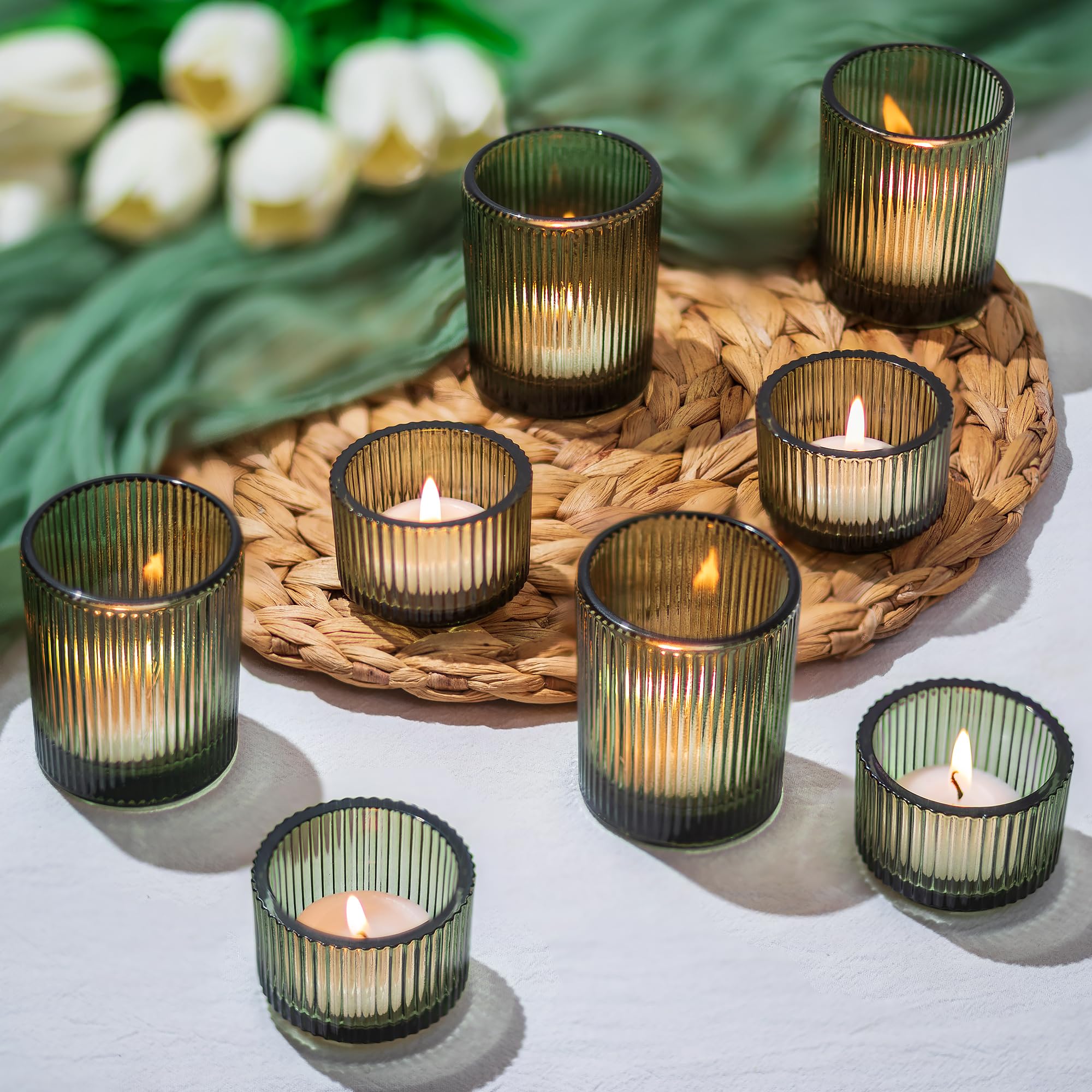 Glasseam Green Glass Candle Holder: Set of 8 Tea Light Candle Holders Ribbed Tealight Holders for Table Centrepiece Small Tea Light Holder for Christmas Wedding Party Home Decor