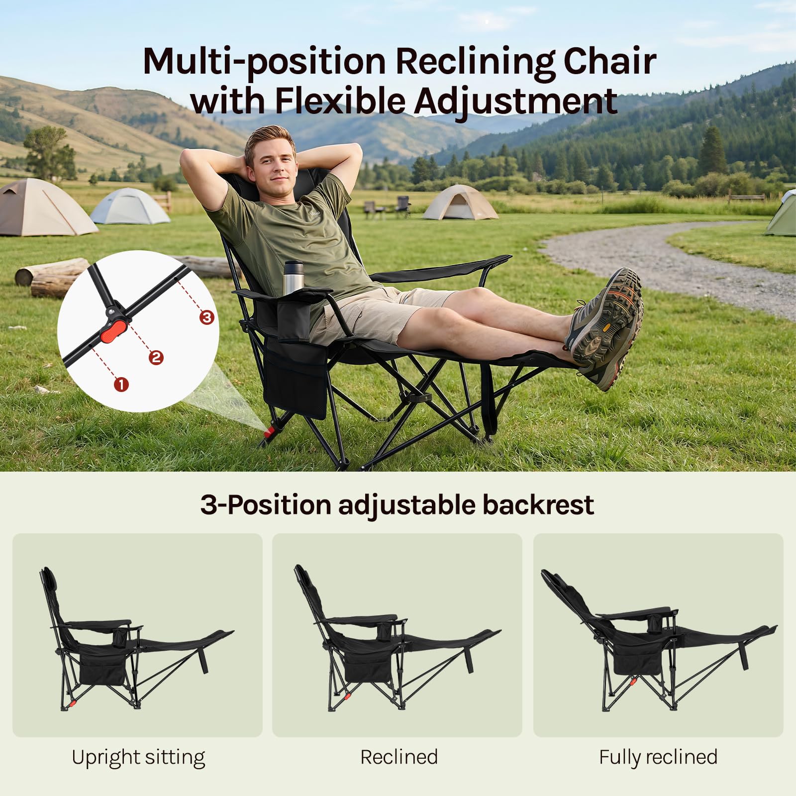 WOLTU Set di 2 Sedie Pieghevoli, Sdraio da Giardino, Regolabili in 3 Posizioni, Supporta 150 kg, con Portabicchieri, Tasca Laterale, Poggiapiedi, per Campeggio, Pesca, Spiaggia, Nero