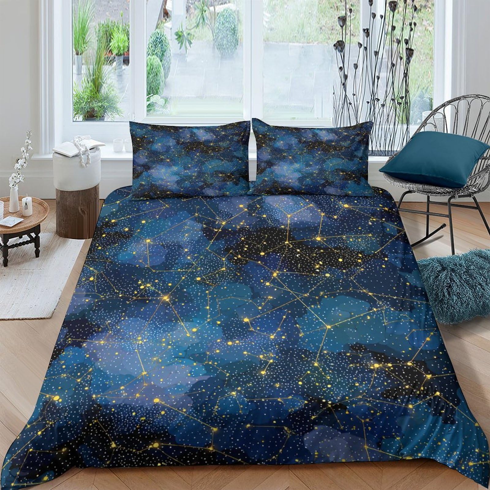 TUFRTGYHN 3D Printed Galaxy Starry Sky Duvet Cover Set Microfiber Soft Breathable Cosmic Nebula Bedding with 2 Pillowcases for Bedroom Single（135x200cm）