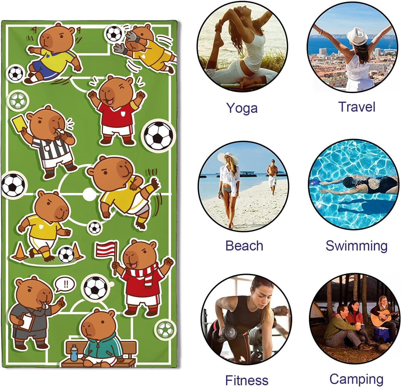 Cartoon Capybara Soccer Beach Towel Oversized 36" x 72", Sand Free and Quick Dry, Thin Lightweight Microfiber Towels for Swimming Camping Travel Sports