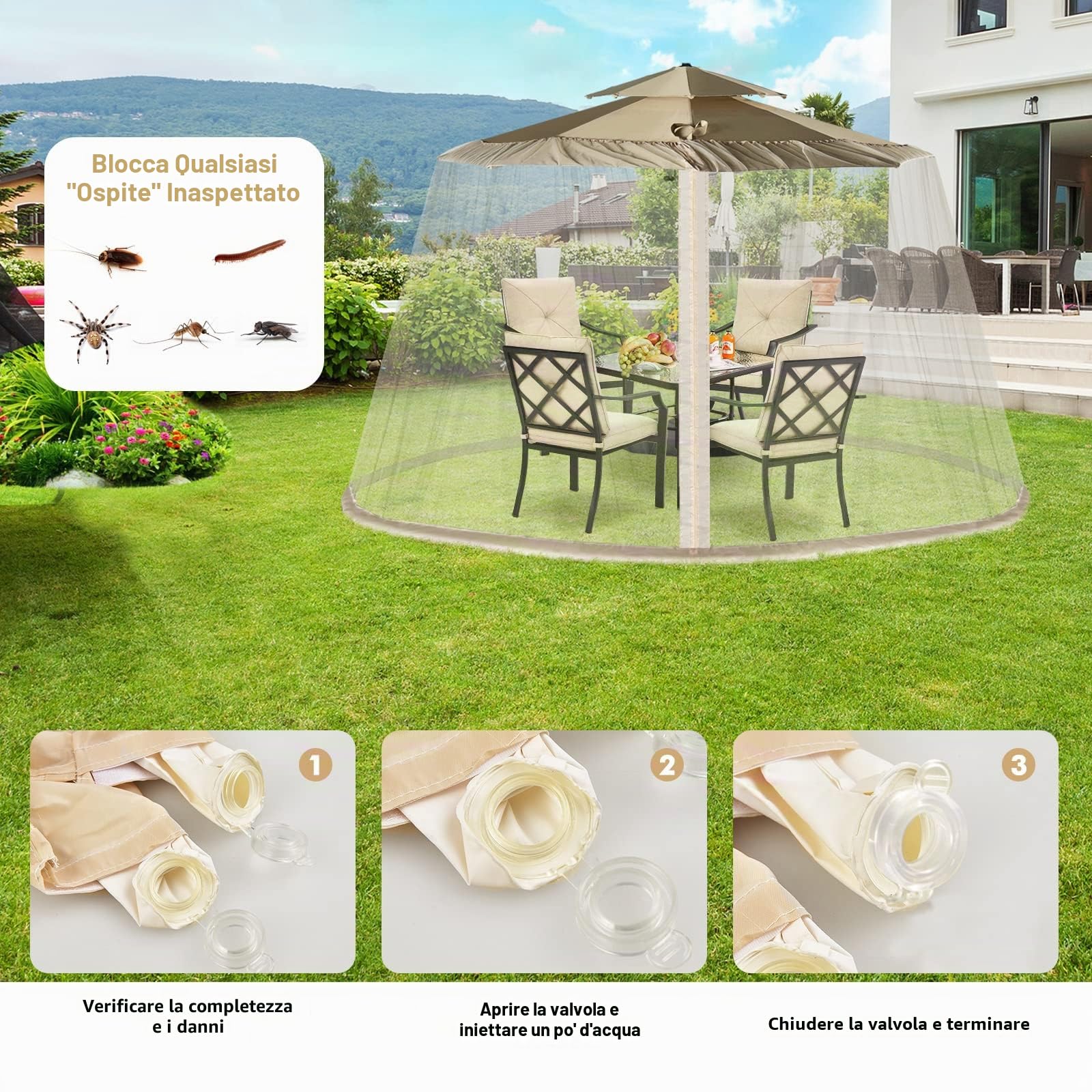 LIFEZEAL Zanzariera Ombrellone da Giardino, Zanzariera Gazebo da Patio, Regolabile, Schermo Rete per Esterno Anti Zanzara, Mosche, AntiVento, 2 Aperture a Cerniera, Stabile Base,12,5x2,3m, Beige