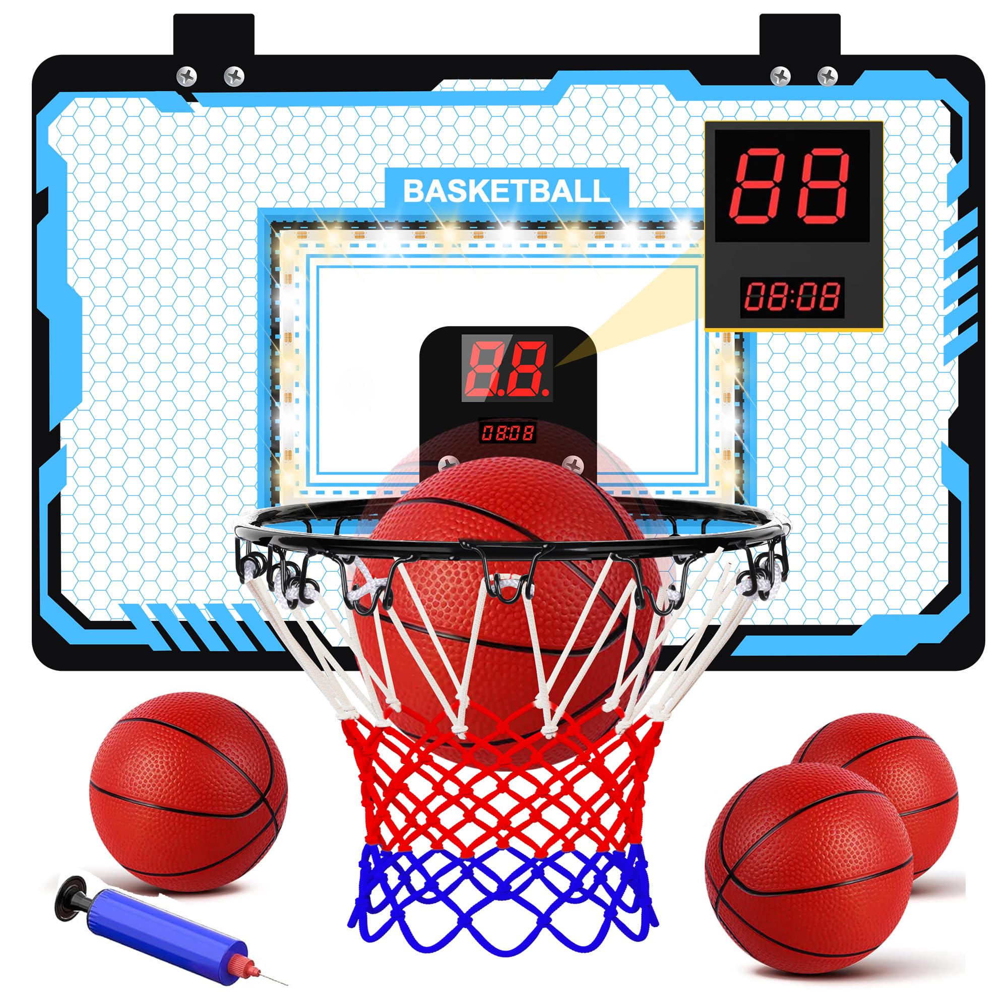 Basketball Hoop Indoor, Mini Basketball Hoops with Electronic Scoring, Timing Board, and LED Lights, Over The Door Basketball Gifts Toys for 5 6 7 8 9 10 11 12 Year Old Boys and Girls(Blue)