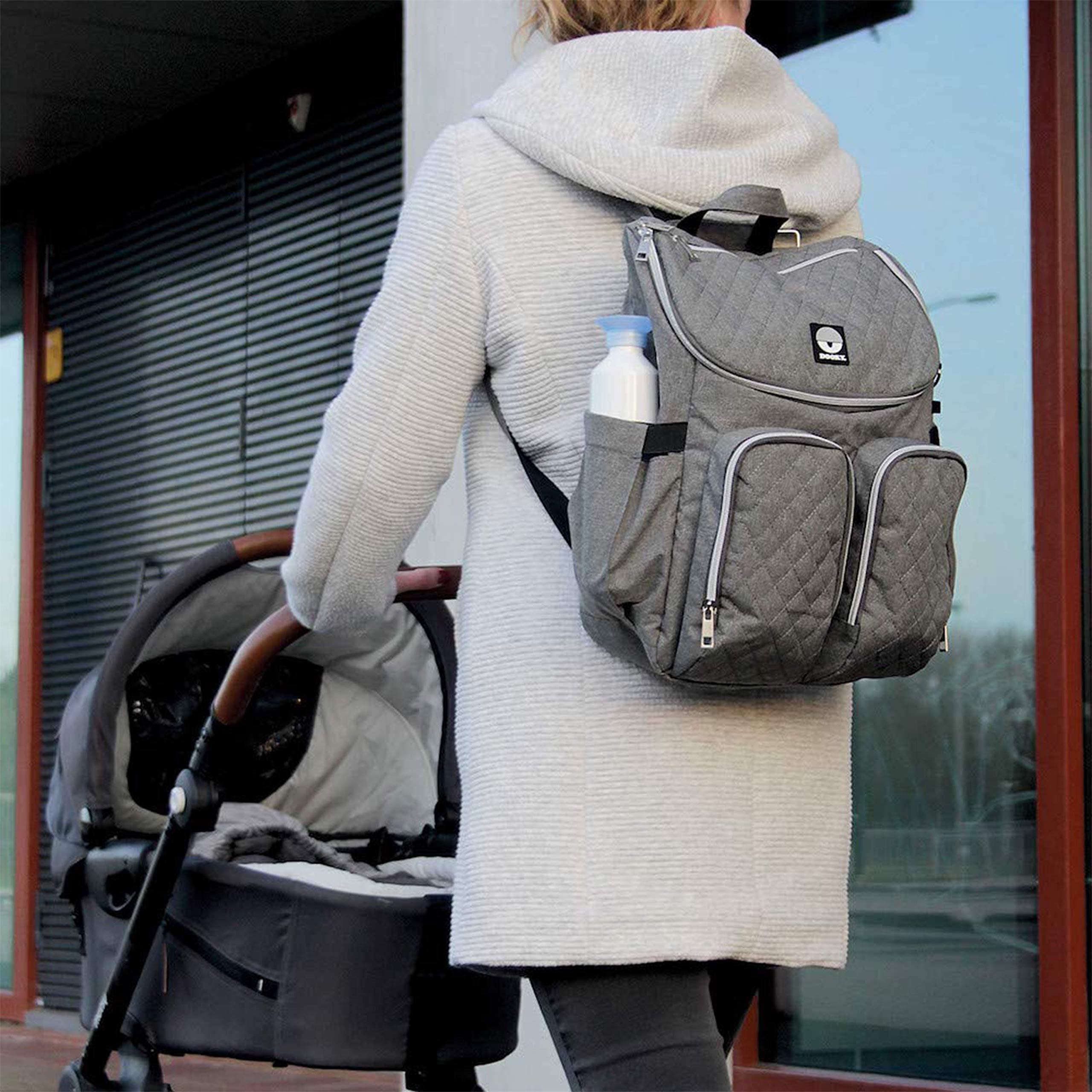 Dooky Wickeltasche 2 in 1 Universal Baby Kinderwagen Tasche Rucksack Kombination mit Reißverschluss (inkl. Wickelauflage/Wickelunterlage, 11 Fächer, verstellbare Riemen), Grau Melange
