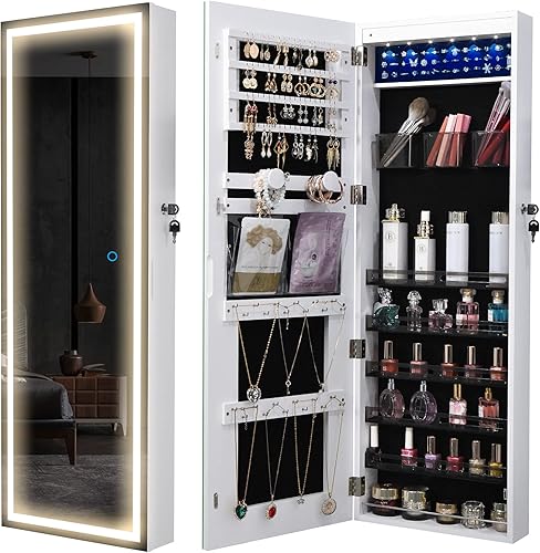 LVSOMT Armario de joyería con espejo LED armario organizador de joyas montado en la paredpuerta espejo iluminado de longitud completa con