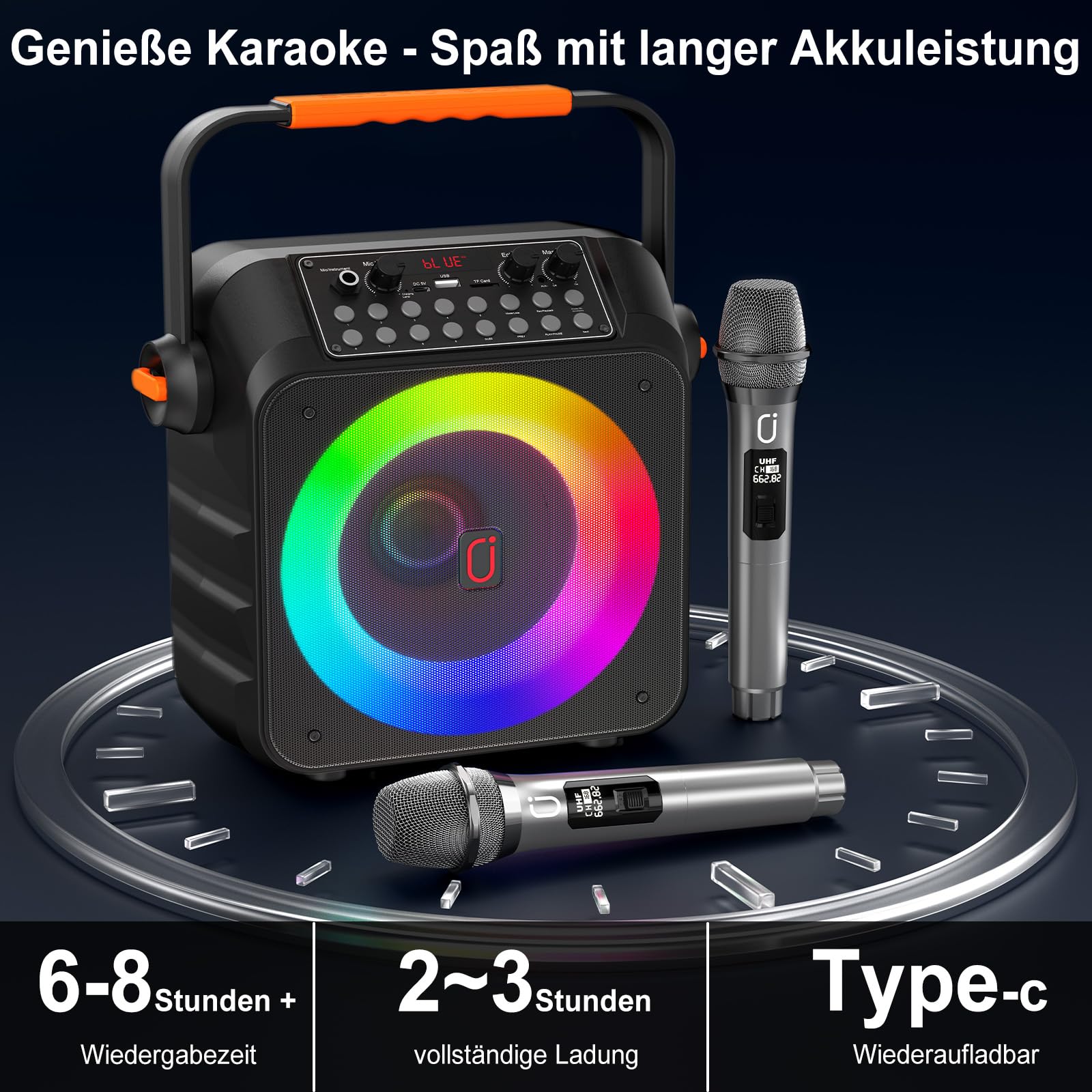 HWWR Karaoke Maschine mit 2 drahtlosen Mikrofones, Tragbaren Karaoke Anlage Lautsprecher mit RGB-Licht für Hausparty, PA-System für ErwachsenePartybox Unterstützt,TWS