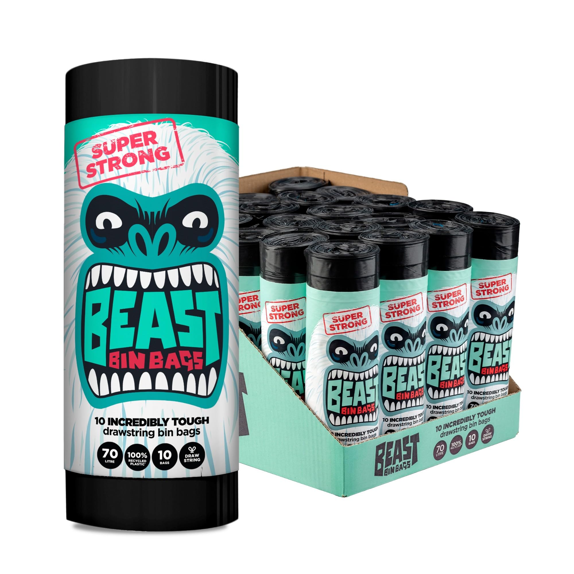 Beast Bin Bags 70L (200 Total Bags) Mega Pack, 20 Rolls Of 10 X 70 Litre Bags (Total 200 Bags) - Made From 100% Recycled Lldpe - Incredibly Strong Drawstring Black Bin Bags