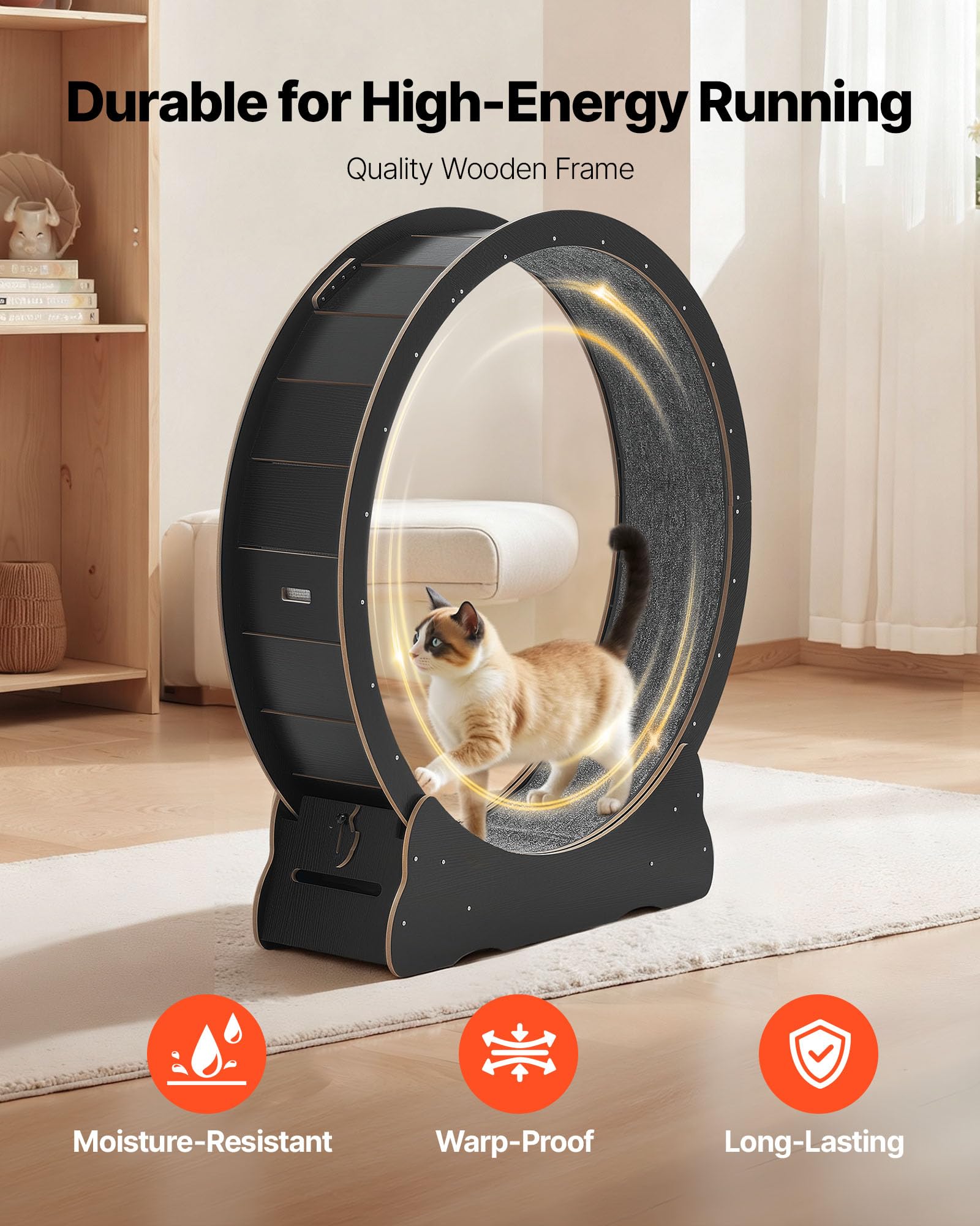 VEVOR Ruota per Esercizi per Gatti, Ruota per Correre in Legno da 132 cm per Gattini da Interno Fino a 12,7 kg, con Pista in Moquette e Meccanismo di Bloccaggio, per Animali Domestici, Fitness Nero