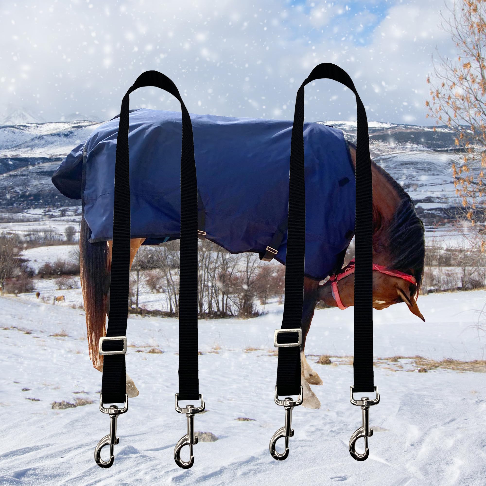 Horse Blanket Sheet Leg Straps， Adjustable Horse Leg Replacement Straps，with Metal Double Swivel Snaps, Adjustable Length from 24 to 42 Inch (Two Side Snaps)，Black 2 PCS