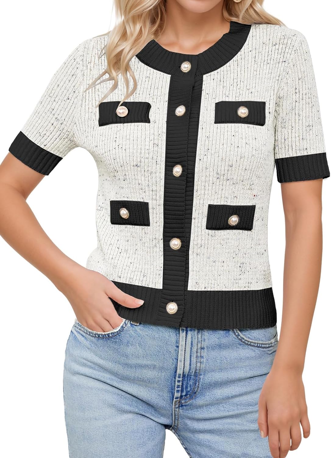 LCXWFE Womens Cropped Short Sleeve Cardigan Sweaters Crew Neck Button Down Tweed Cardigans Knitwear Tops with Pockets